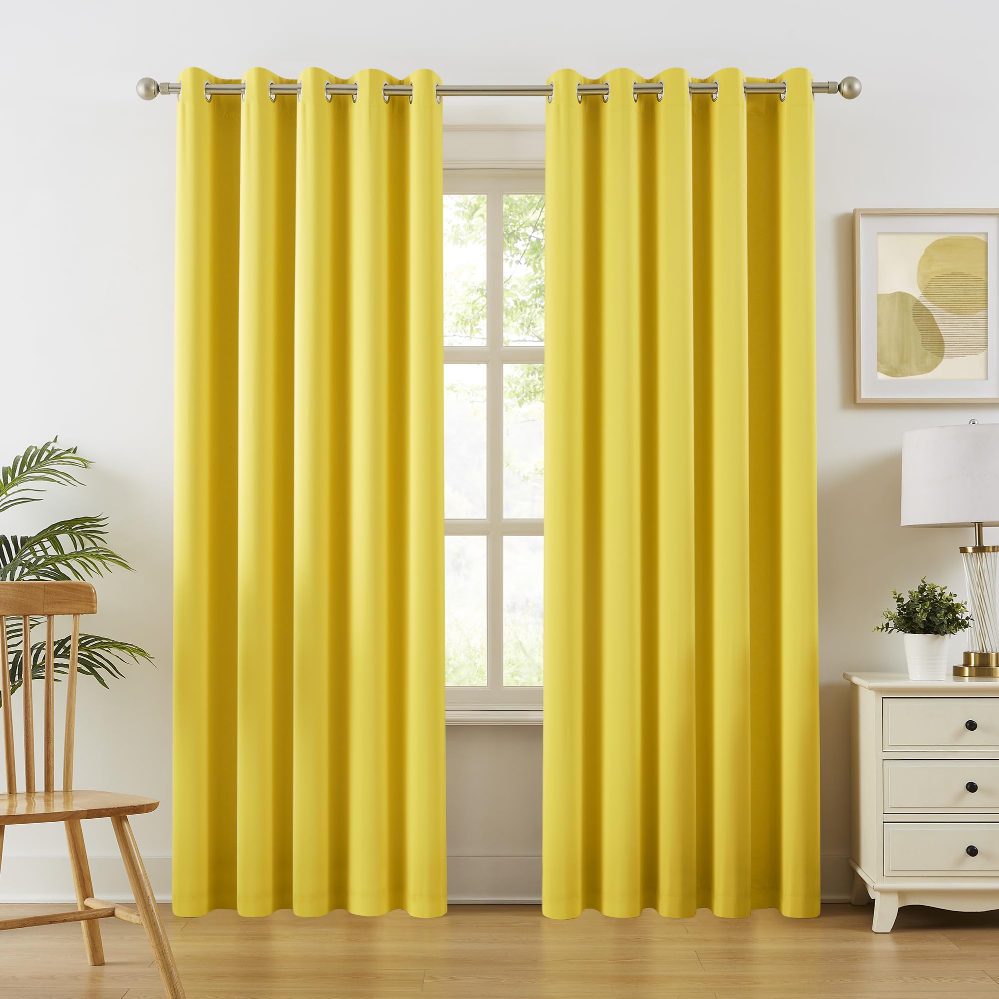 Dualife Yellow Grommet Room Darkening Curtains 60 X 90 Inches, 2 Panels
