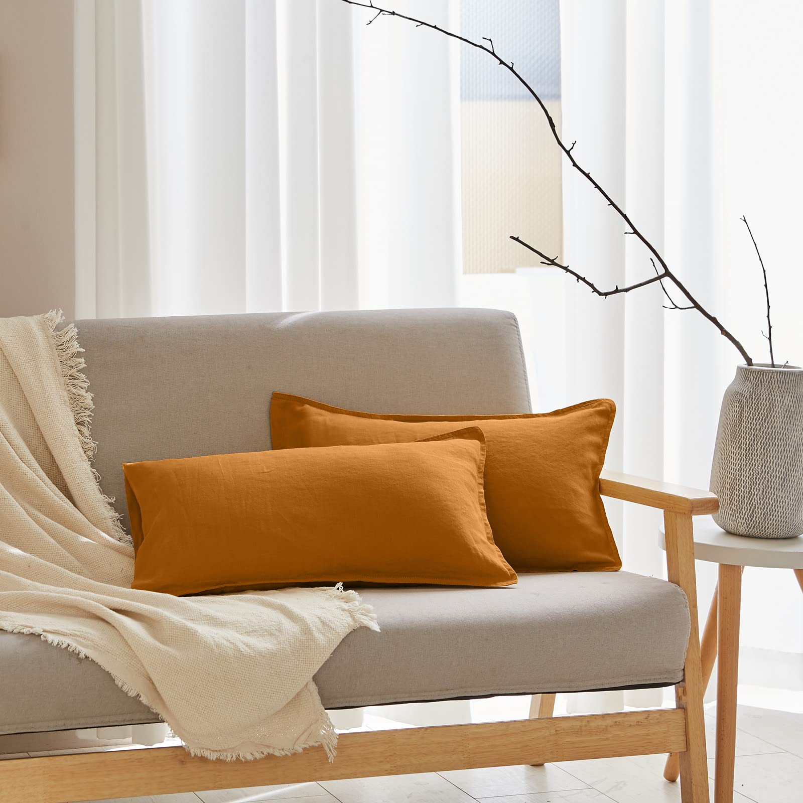 Simple&Opulence 100% Linen Lumbar Pillow Cover 12 X 20 Inches Set Of 2 Rectangular Decorative Throw Cushion Cover For Couch Sofa Bed Living Room Office Soft Breathable Farmhouse - Rust