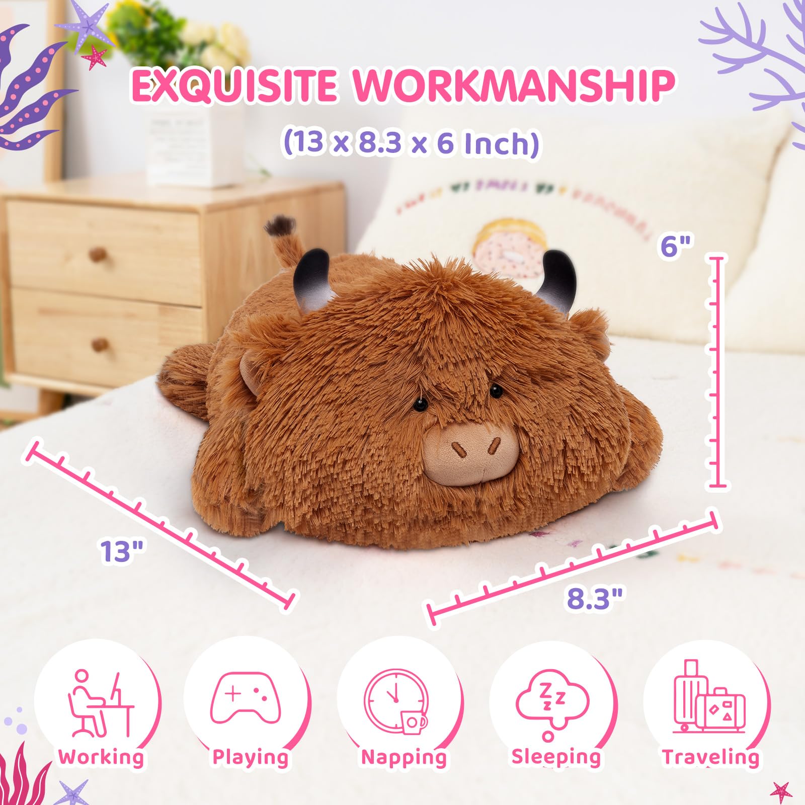 Mewaii Cute Cow Plush Pillow, Kawaii Plushies Highland Cow Stuffed Toys, Squishy Plushies, Cuddle Plush Pillow For Boys & Girls