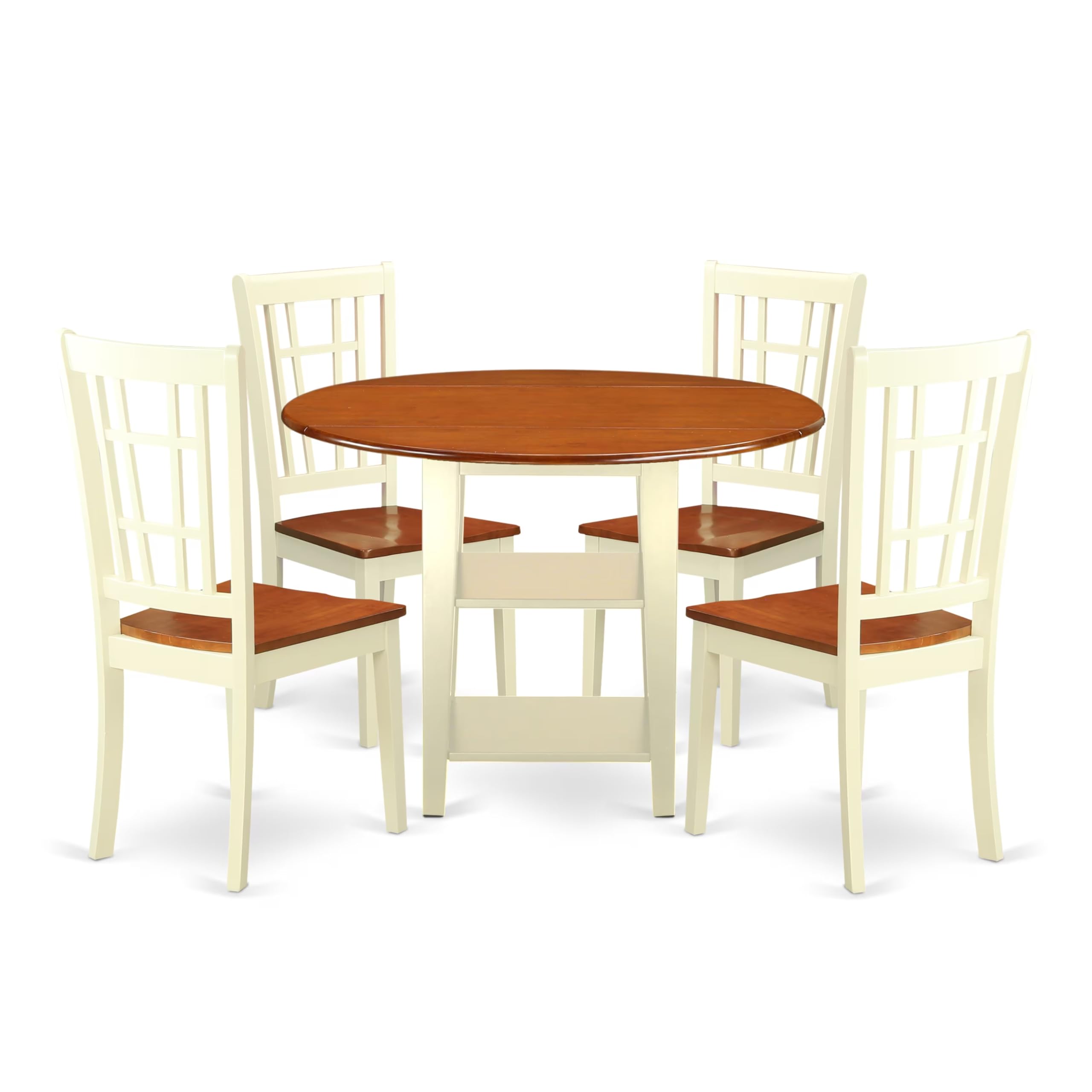 East West Furniture Suni5-Bmk-W 5 Piece Modern Dining Table Set Includes A Round Wooden Table With Dropleaf & Shelves And 4 Dining Room Chairs, 42X42 Inch, Buttermilk & Cherry
