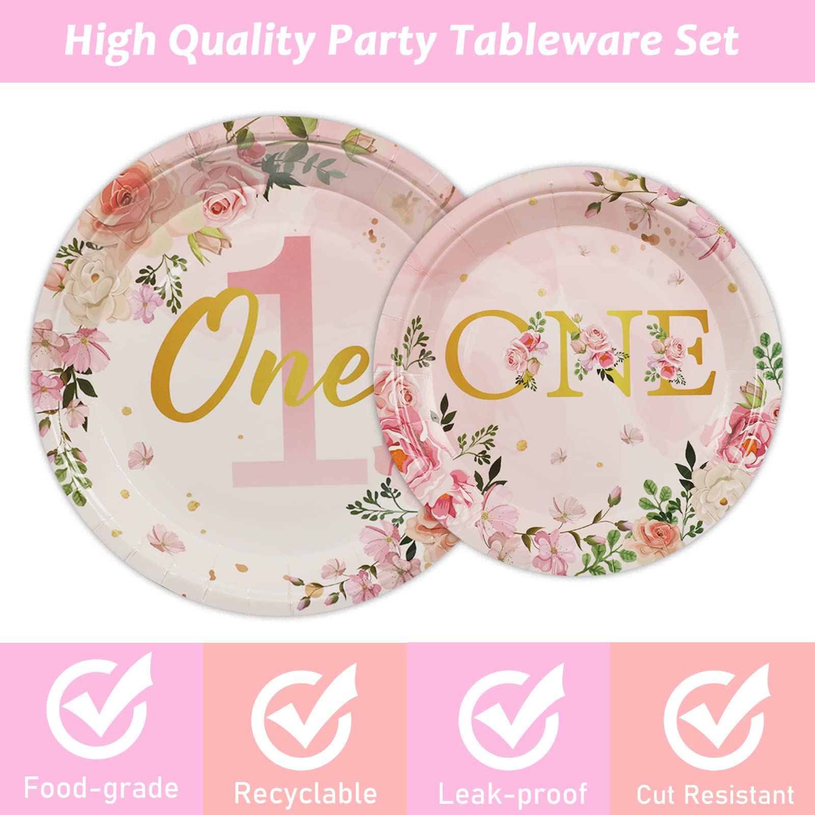 96Pcs 1St Birthday Party Supplies Girls One Birthday Plates Napkins Dinnerware First Year Floral Birthday One Year Tableware Dec
