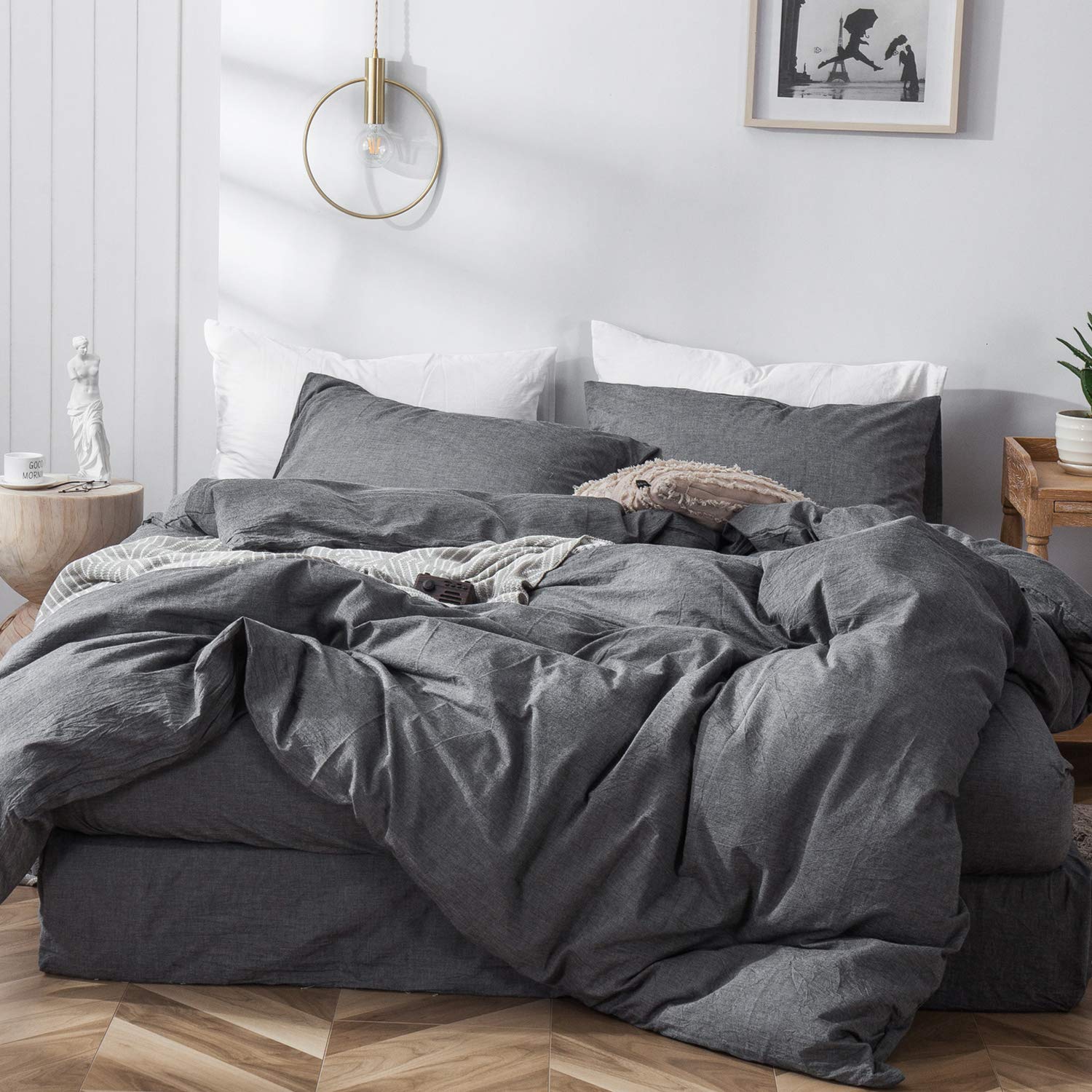 Moomee Bedding Duvet Cover Set 100% Washed Cotton Linen Like Textured Breathable Durable Soft Comfy (Dark Grey, Full)