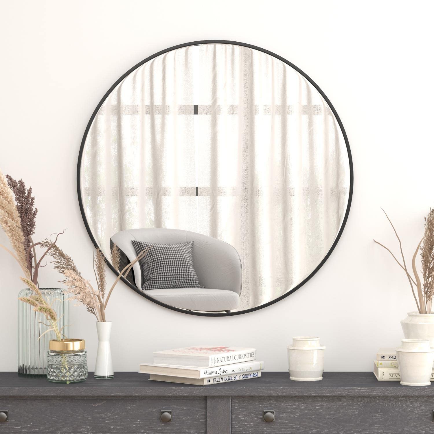 Flash Furniture Large Round Wall Mirror - Black Circle Accent Mirror - 36' Vanity Mirror - For Bathroom, Vanity, Entryway, Dining Room, & Living Room