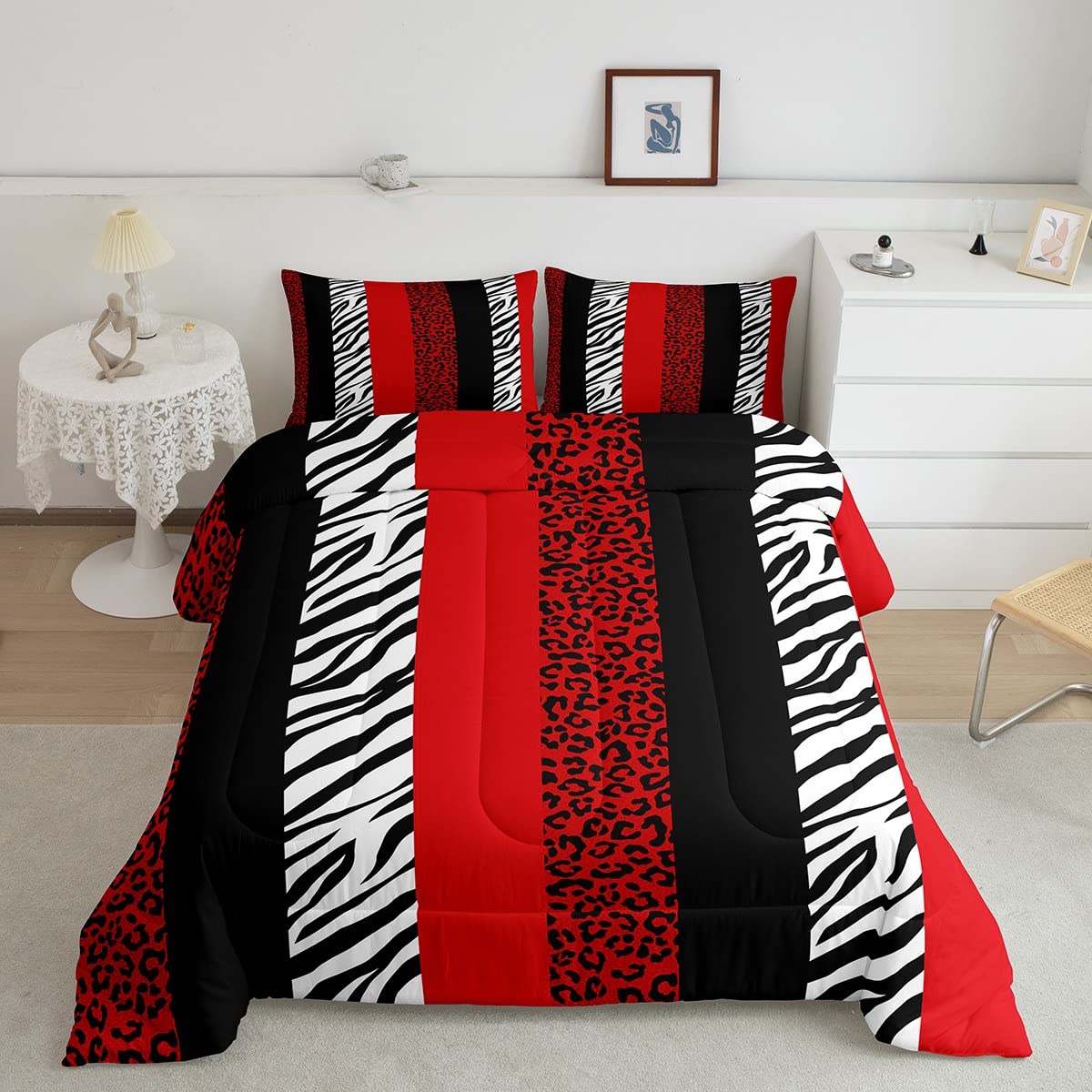 Leopard Print Comforter Set Full,Zebra Skin Texture Bedding Set 3Pcs For Kids Teens Girls Woman Room Decor, Striped Fashion Quil