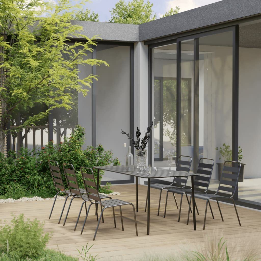 vidaXL 7-Piece Contemporary Patio Dining Set, Dark Gray - Industrial-Style Outdoor Furniture Set with Stackable Chairs, Durable Steel Construction