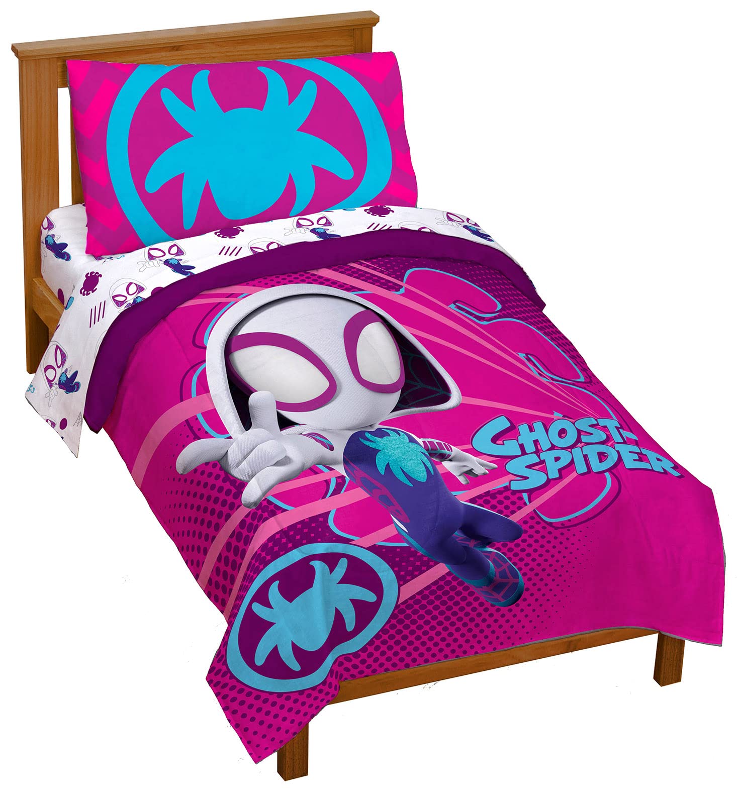 Marvel Spidey & His Amazing Friends Ghost Spider Gwen 4 Piece Toddler Bed Set  Bedding Includes Comforter & Sheet Set  Super S