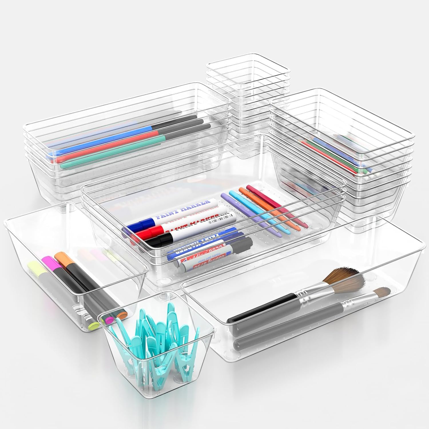 Modilic With Device Of M 25 Pcs Drawer Organizer Set Clear Plastic Desk Drawer Dividers Trays Dresser Storage Bins Separation Bo