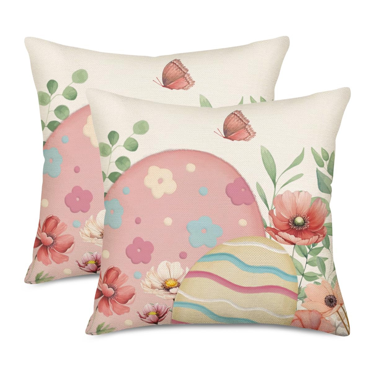 Fukeen Easter Pillow Covers 20X20 Inch Set Of 2 Cute Egg Floral Easter Farmhouse Decorations Throw Pillow Cover Spring Pink Flow