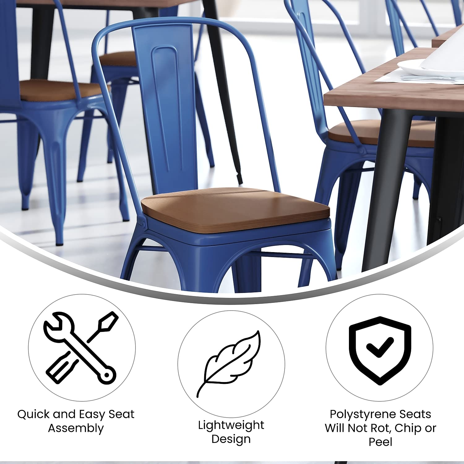 Flash Furniture Metal Colorful Restaurant Chair, 20&Quot; Dx18 Wx33 H, Blue/Teak