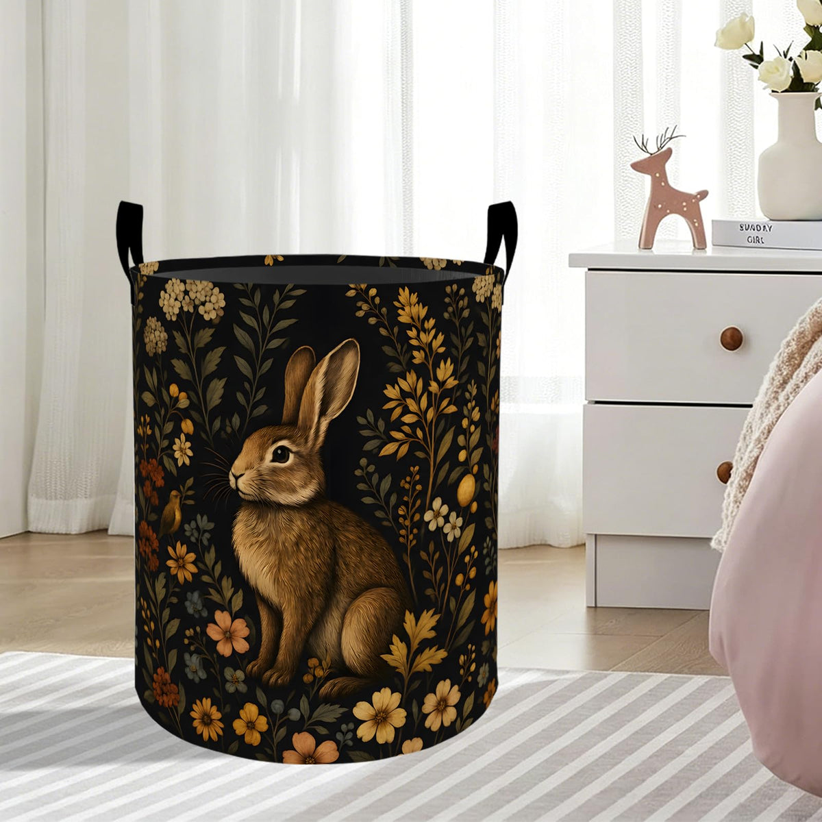 zbezbe Vintage Bunny Flowers Laundry Basket, Cottage Garden Dirty Clothes Hamper, Cute Rabbit Floral Collapsible Waterproof Oxfo