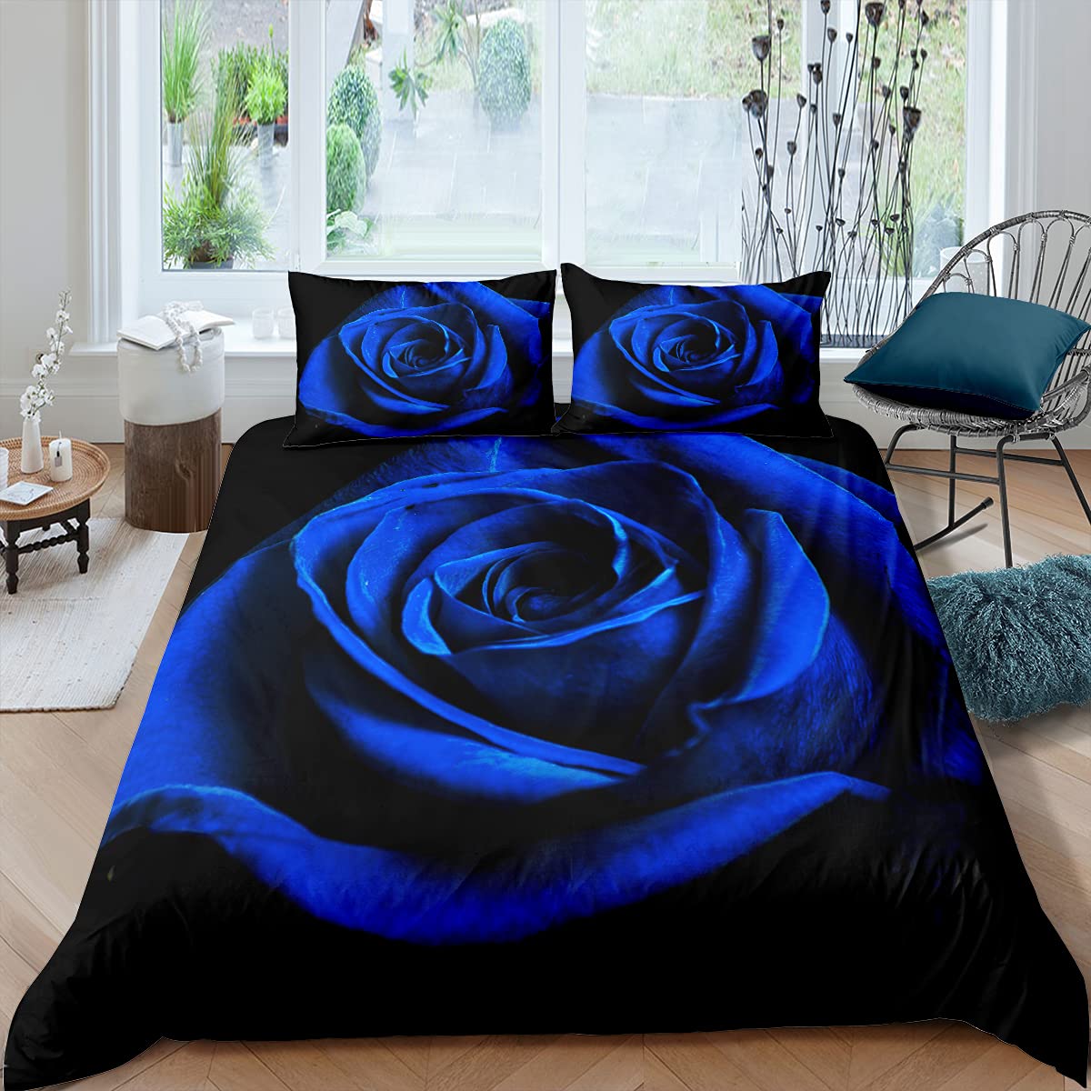 Feelyou Valentine'S Day Duvet Cover Set Queen Size Royal Blue Rose Floral Bedding Set For Her Kids Teens Girls Lovers Couple Wif