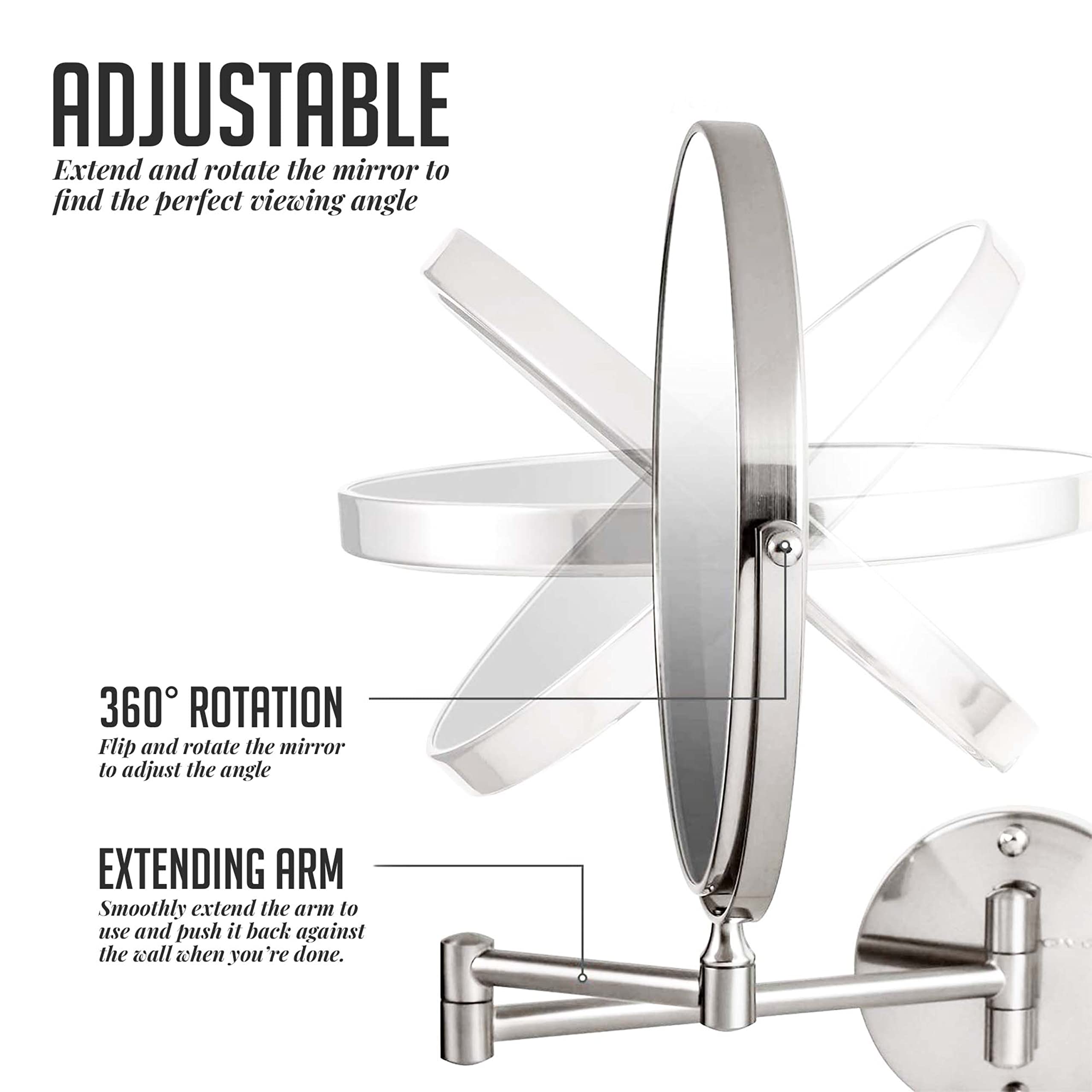 Ovente 9' Wall Mounted Makeup Mirror - 1X/ 10X Magnification, Rotating 360-Degree, Double-Sided, Extendable & Folding Arm, Clea