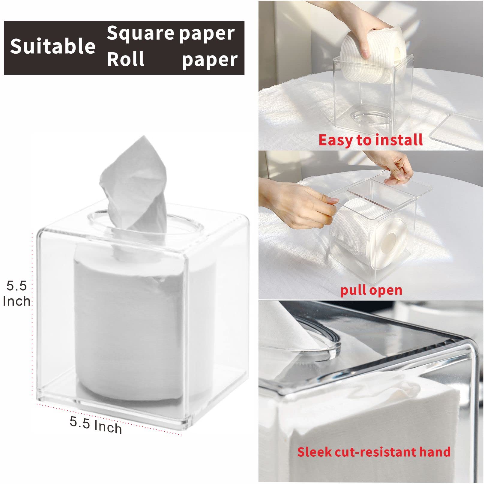 Cq Acrylic Roll Tissue Box Holder With Cover Square Facial Tissue Dispenser Box Case For Countertop,Clear Plastic Dryer Sheet Co