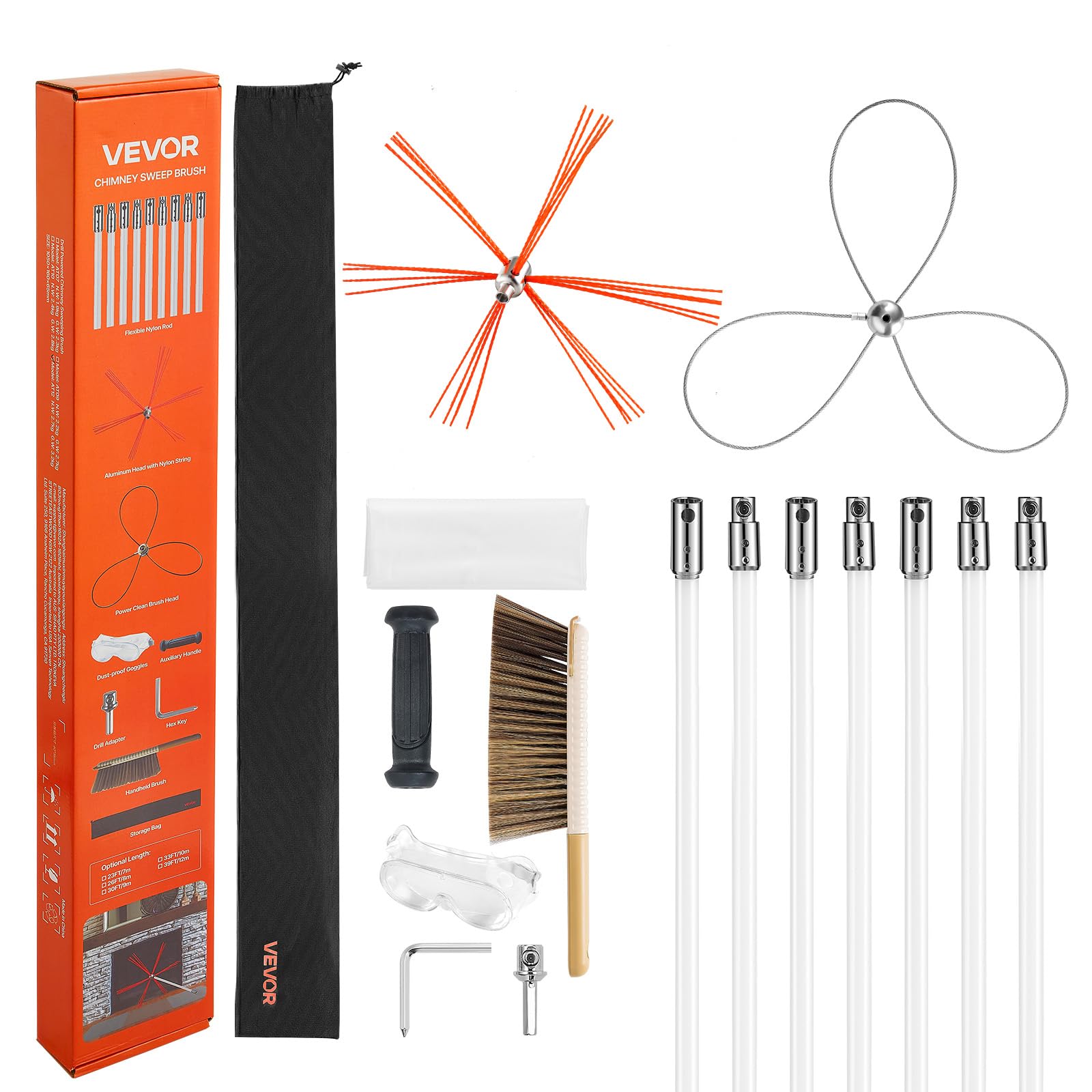 VEVOR Chimney Sweep Kit, 23 ft Maximum Extendable Length Chimney Brush, Chimney Cleaner Sweeper with Dual Brush Heads, Brush & G