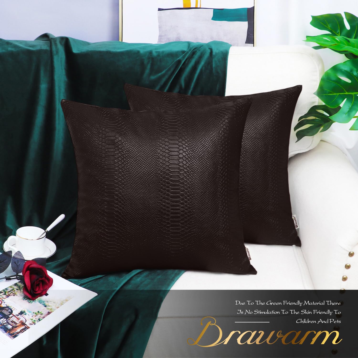 Brawarm Brown Leather Throw Pillows 16 X 16 Inches, Snake Leather Pillow Covers Pack Of 2, Faux Leather Decorative Pillow Covers