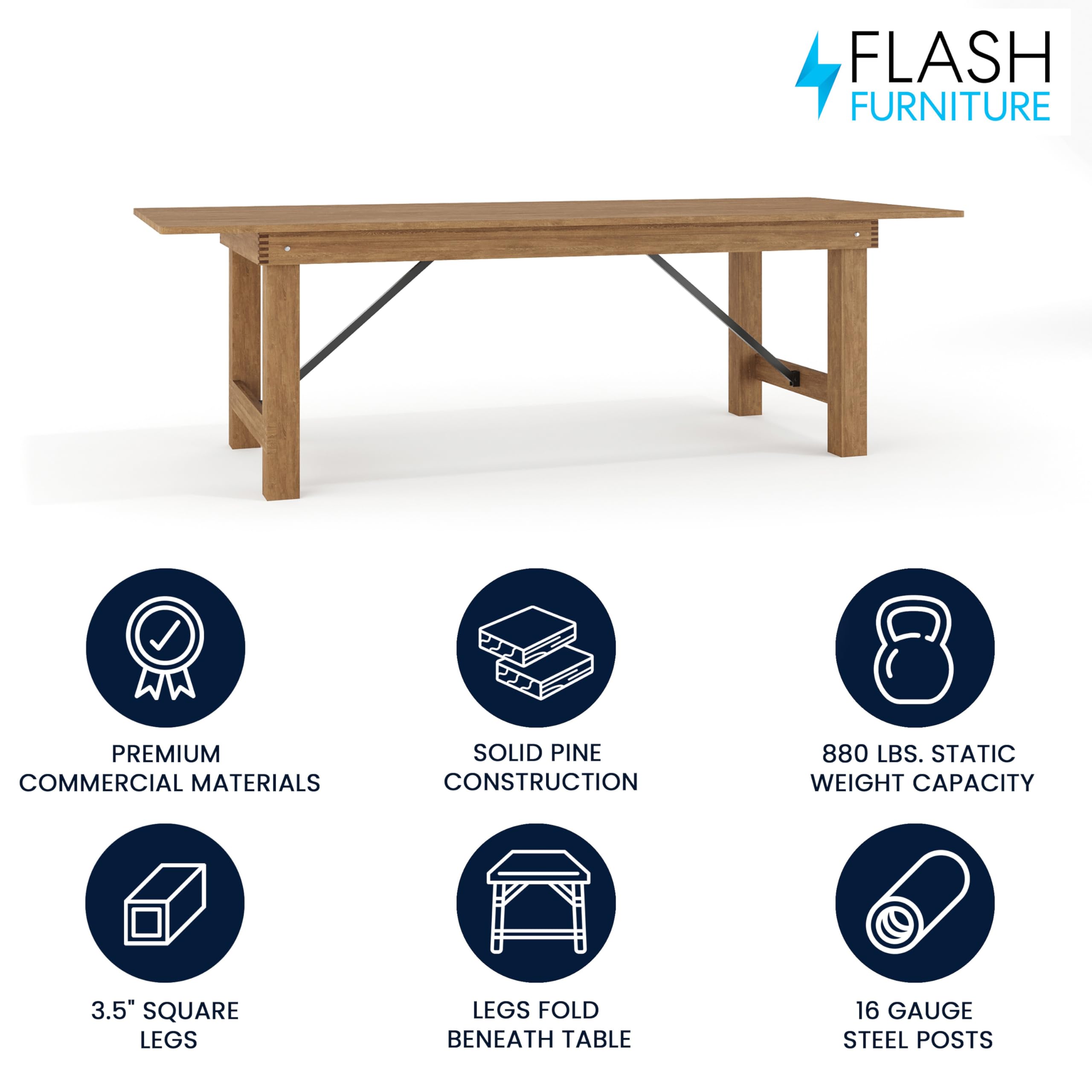 Flash Furniture Hercules Series 8' x 40&quot; Rustic Solid Pine Folding Dining Table, Rectangular Antique Farmhouse Dining and Event Extension Table