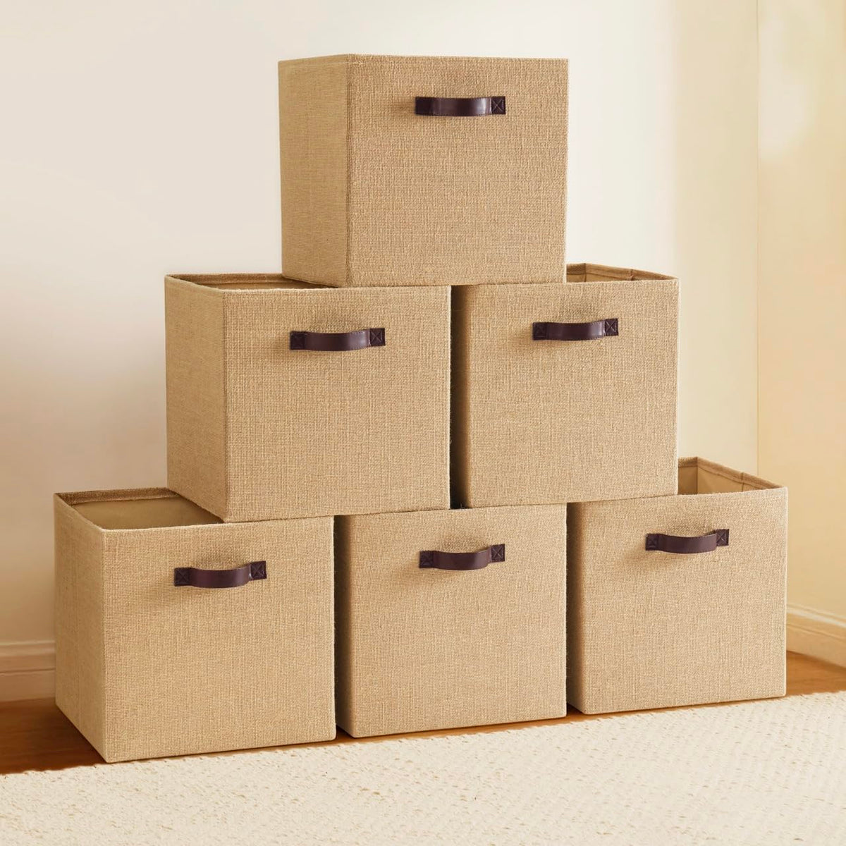 Ornavo Home 13x13 Jute Storage Cube Bins, 6 Pack, Foldable, Leather Handles
