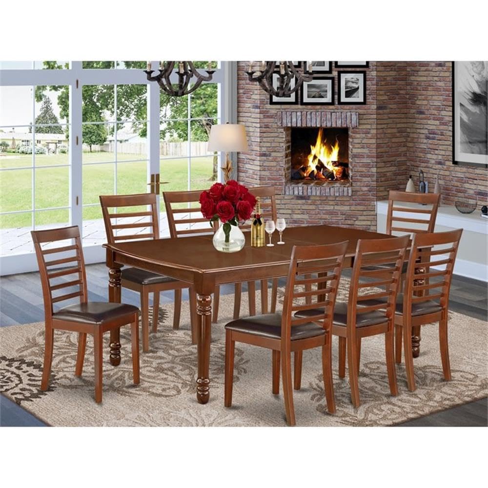 East West Furniture Doml9-Mah-Lc 9 Piece Dining Table Set Includes A Rectangle Dining Room Table With Butterfly Leaf And 8 Faux Leather Upholstered Chairs, 42X78 Inch, Mahogany