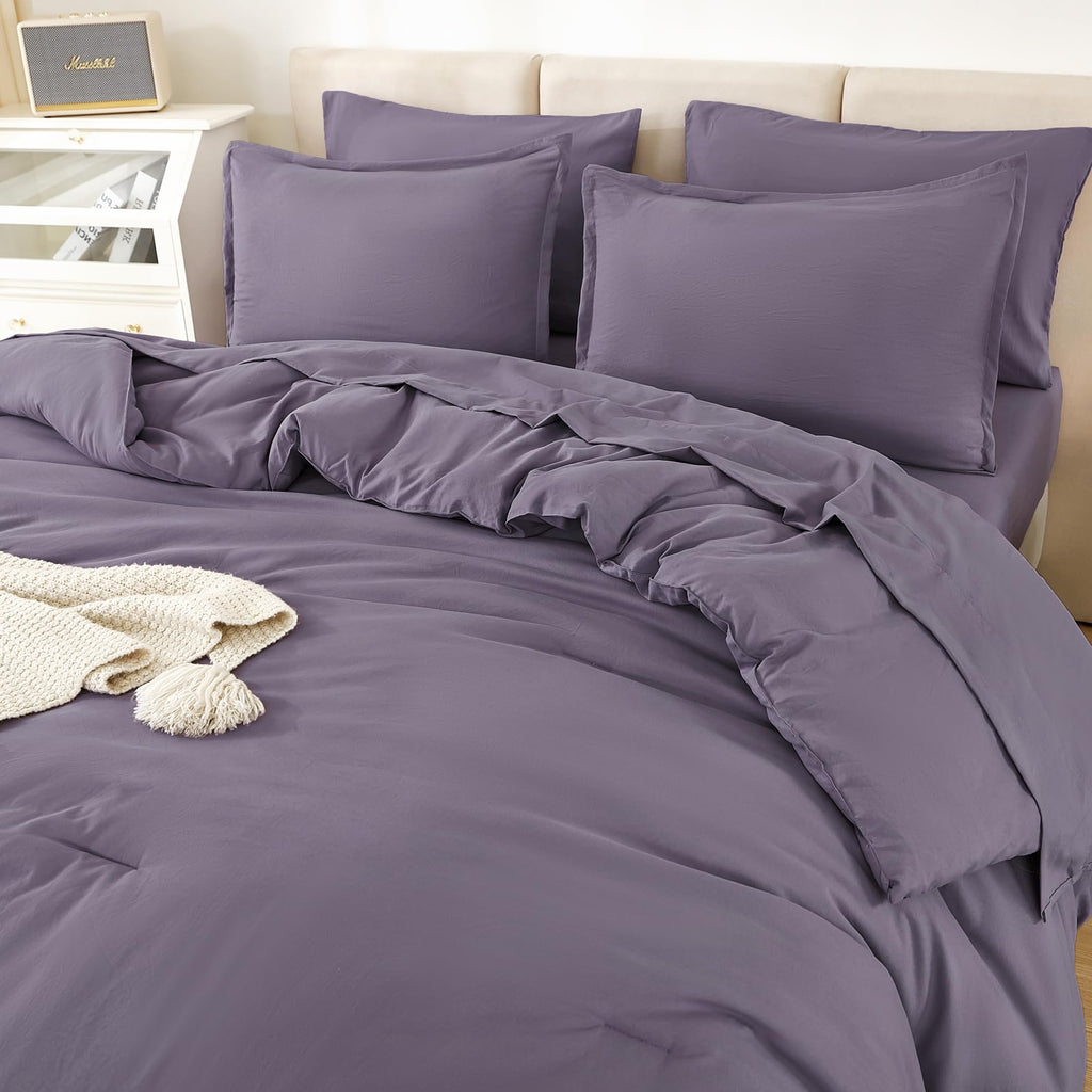 Litanika Queen Comforter Set Grey Purple - 7 Pieces Bed In A Bag Queen Beddding Comforter Sets, Solid Lightweight Bed Set With C