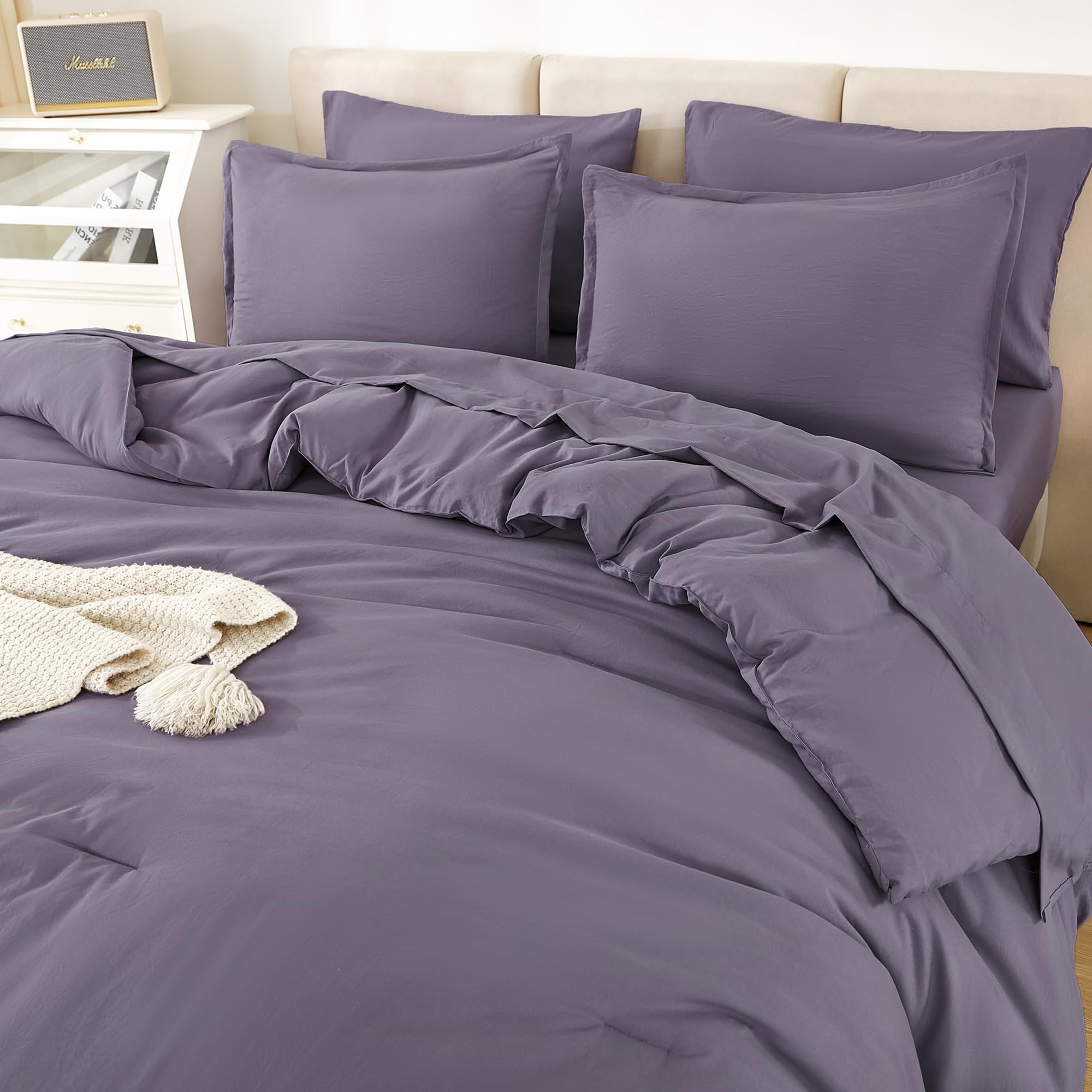 Litanika Queen Comforter Set Grey Purple - 7 Pieces Bed In A Bag Queen Beddding Comforter Sets, Solid Lightweight Bed Set With C