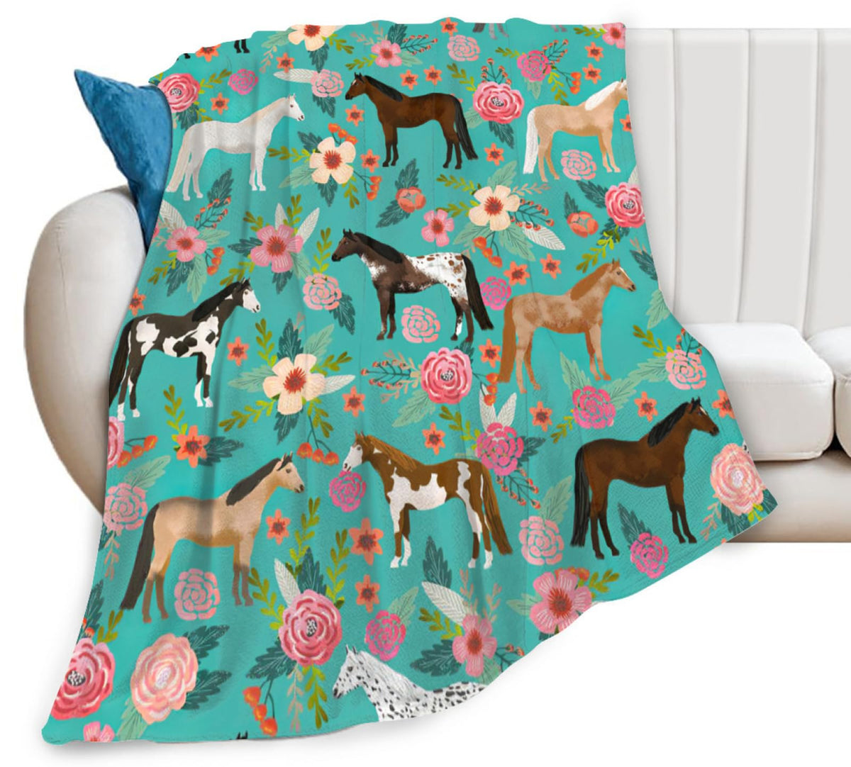 Horse Blanket Gifts For Girls Women Cute Horses Flowers Flannel Fleece Throw Blanket Soft Warm Fuzzy Floral Blanket For Horse Lo