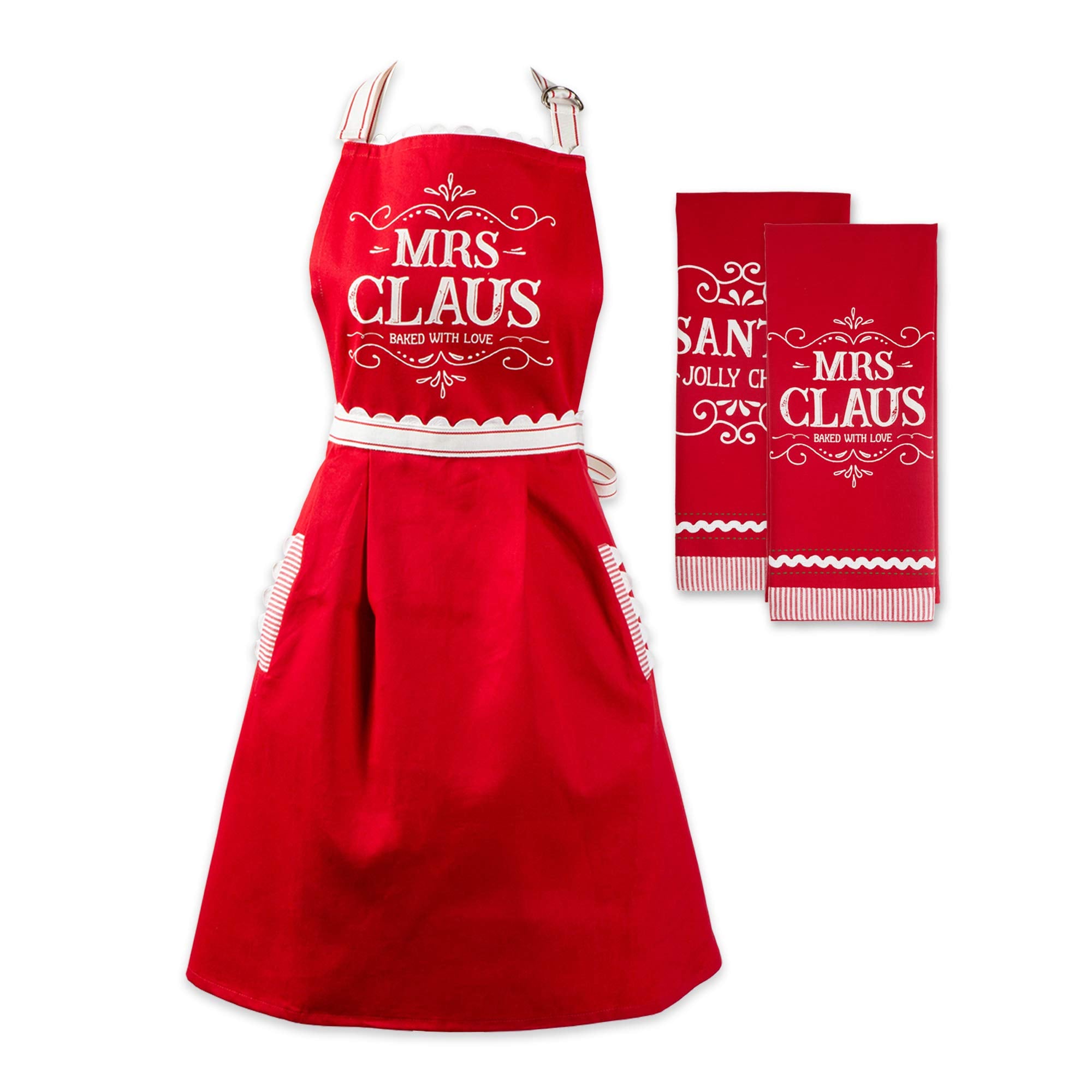 DII Christmas Kitchen D  cor, Holiday Cooking & Baking Accessories Machine Washable Cotton, Apron/Dishtowel Set, Mrs. Claus Set,