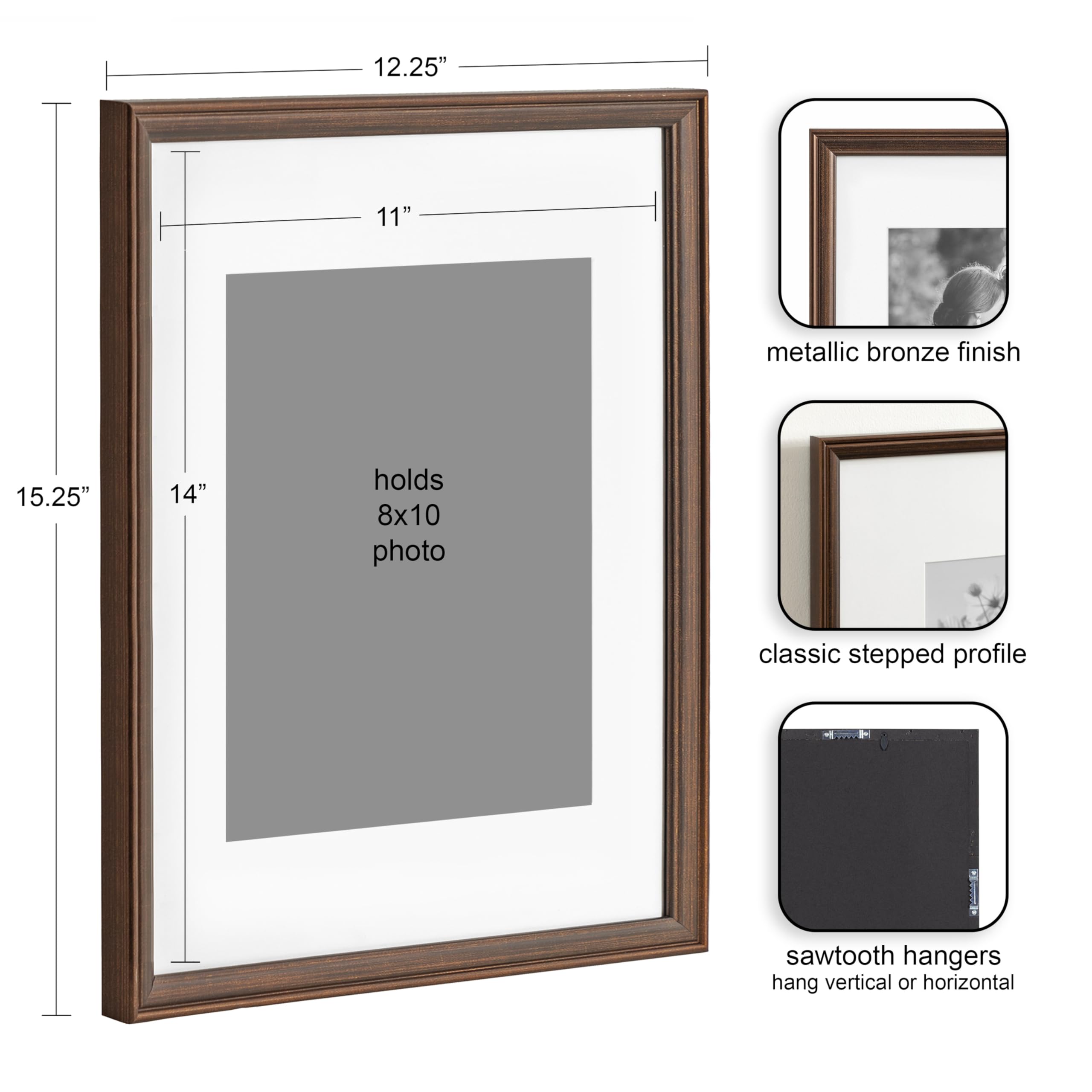 Kate And Laurel Adlynn Rectangle Picture Frame Set Of 4, 11 X 14 Matted To 8 X 10, Bronze, Vintage Four-Piece Frame Set For Gall