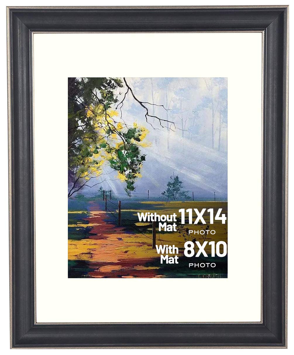 Golden State Art, 11x14 Photo Frame with Mat for Pictures 8x10 and Real Glass (Silver-Beige with Black-Dark Brown Inner Panel & 