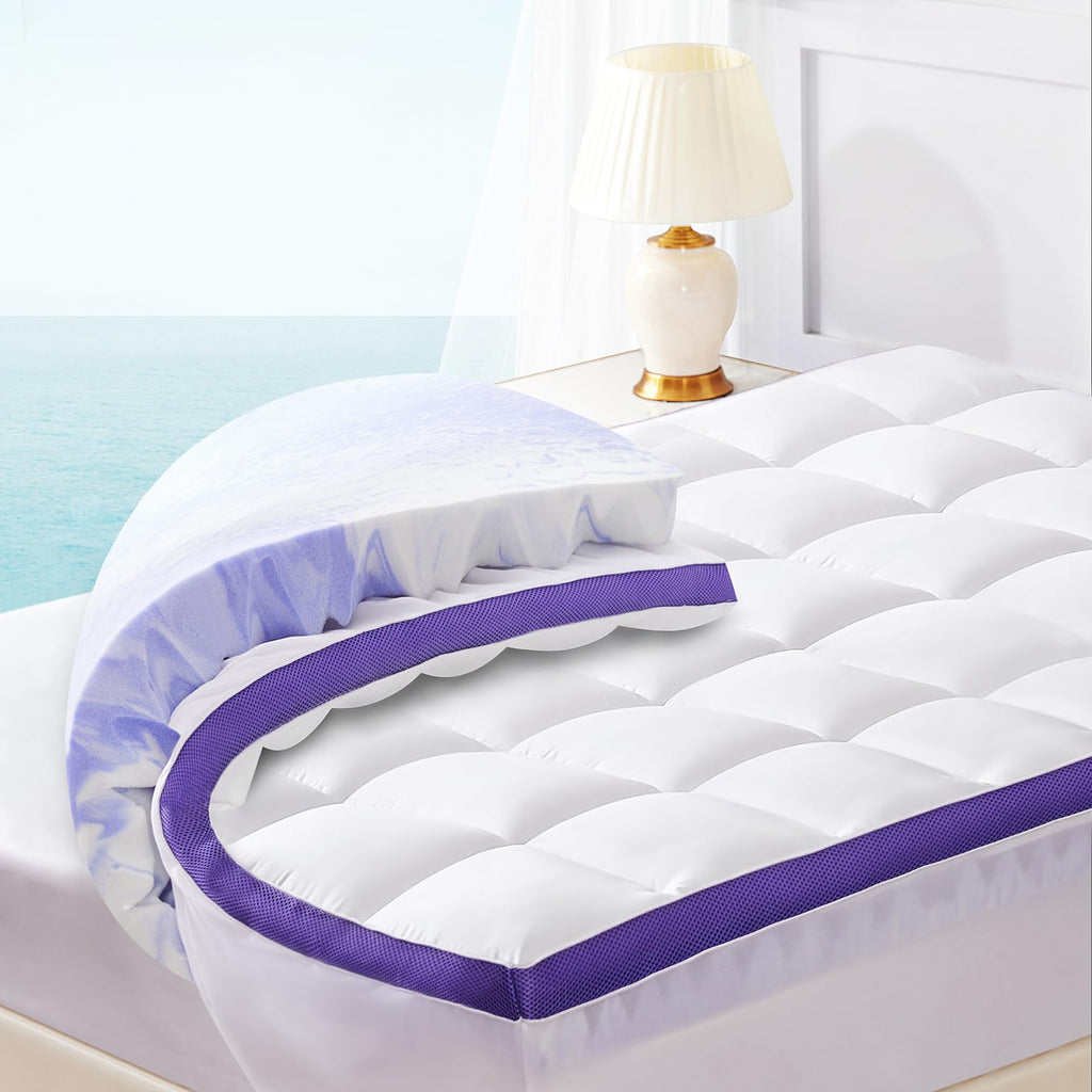 ChiXpace Dual Layer 4 Inch Memory Foam Mattress Topper Queen - 2 Inch Gel Memory Foam and 2 Inch Pillow Top Mattress Pad, 7-Zone