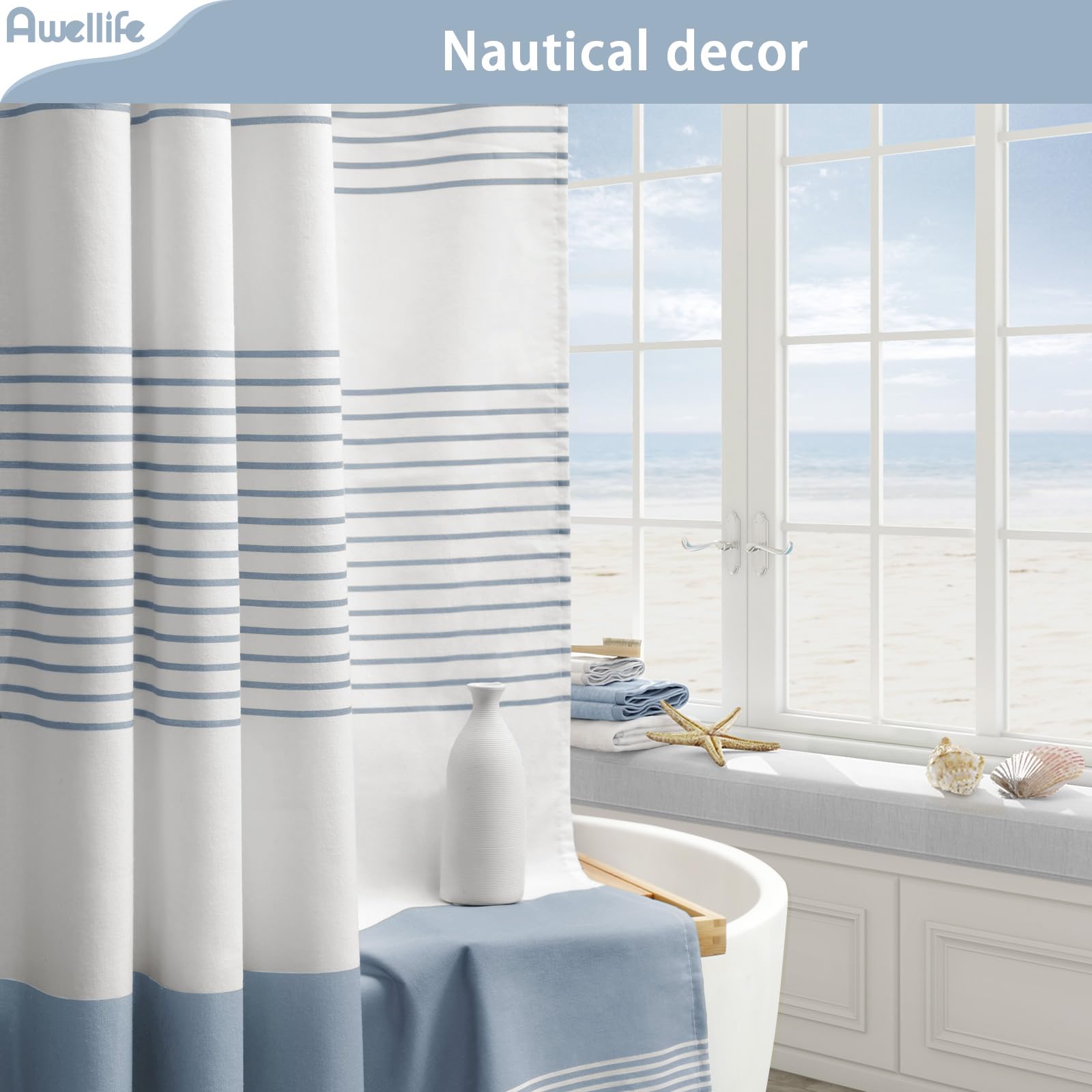 Awellife Blue Shower Curtain Beach Ocean Coastal Nautical Shower Curtain For Bathroom Stripe Tassel Shower Curtain 72 X 72 Inches Cotton Linen