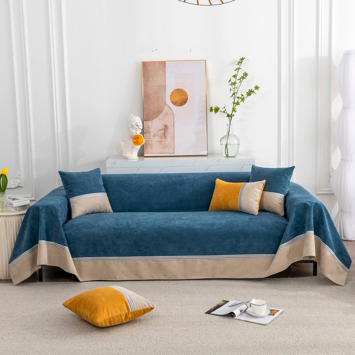 Vclife Navy Beige Patchwork Couch Cover Water Resistant French Terry Sofa Slipcover Breathable Cooling L Shape Futon Sofa Protec