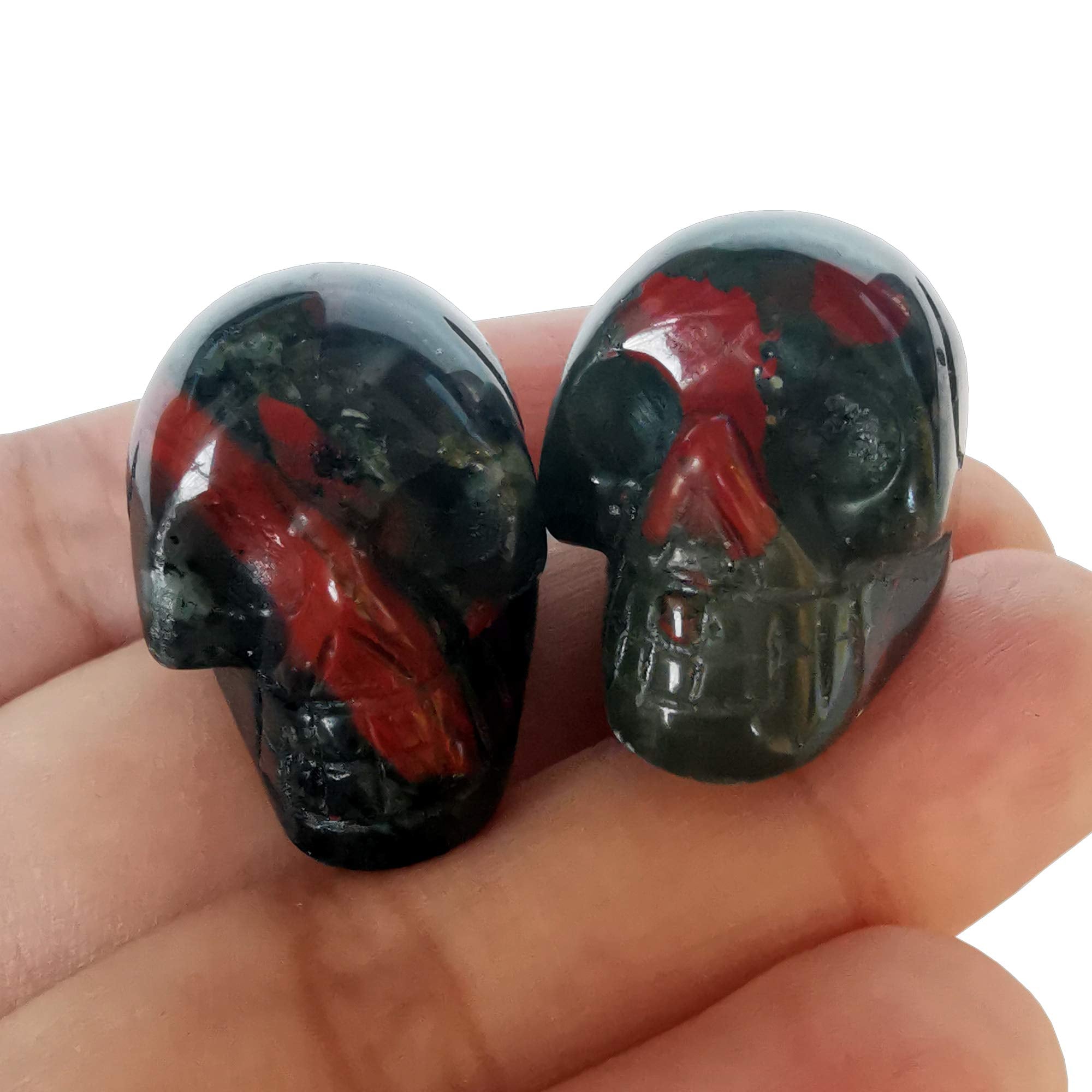 Bacatgem 2 Pcs Natural African Bloodstone Mini Crystal Human Skull Figurines,1 Inch Handcarved Crystals and Healing Stone Room D