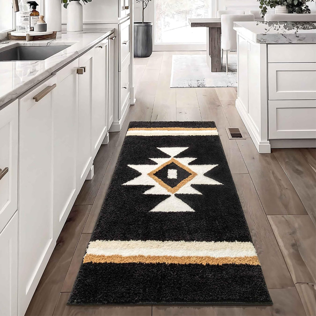 Tanvill Boho Bathroom Rugs Runner Black Aztec Bath Mat Non Slip Long Bath Rug Soft Absorbent Microfibe Large Floor Mat For Bathr