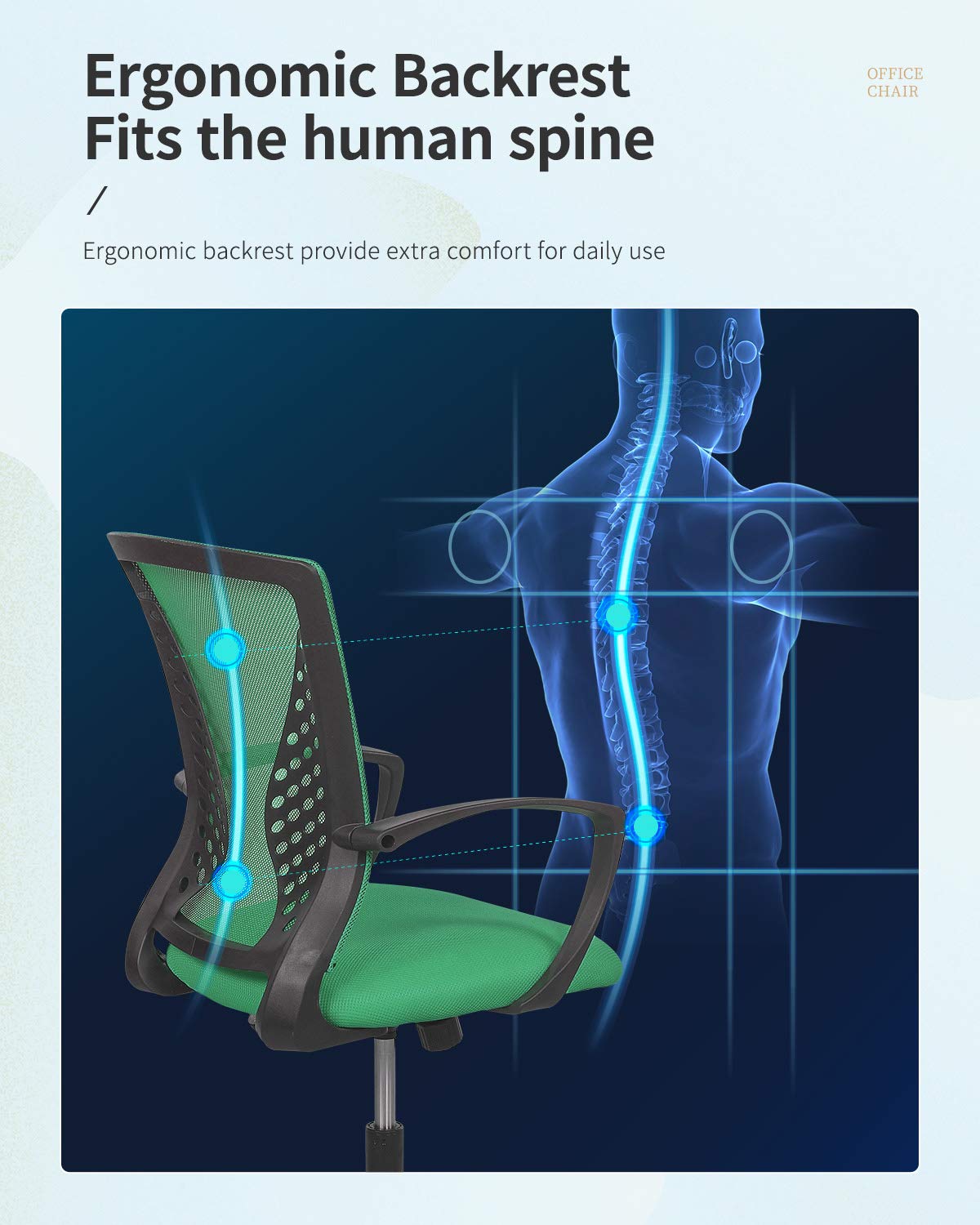 Home Office Chair Mid Back Pc Swivel Lumbar Support Adjustable Desk Task Computer Ergonomic Comfortable Mesh Chair With Armrest (Green)