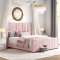 HOMBCK Queen Bed Frame, Pink Queen Bed Frame with Vertical Channel Tufted Headboard, Soft Velvet Upholstered Bed Frame with 22 F