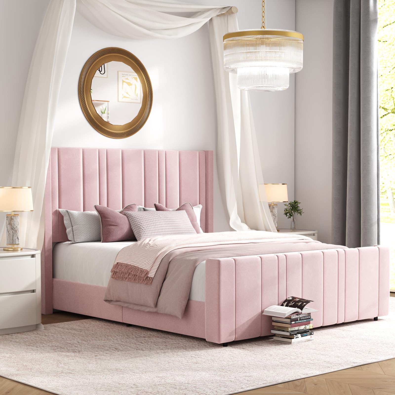 HOMBCK Queen Bed Frame, Pink Queen Bed Frame with Vertical Channel Tufted Headboard, Soft Velvet Upholstered Bed Frame with 22 F