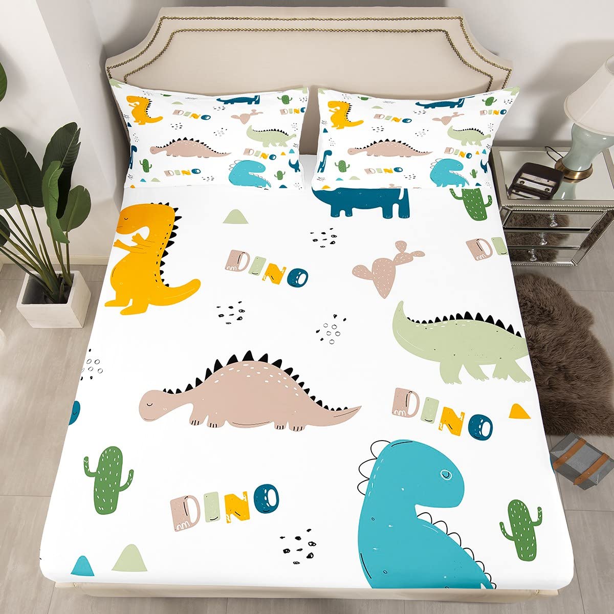 Cute Dinosaur Sheet Set Cartoon Cactus Bed Sheets Set Decor Jungle Dino Boho Succulent Sheets With Deep Pocket Fitted Sheet Wild Animal Pattern Yellow Grey Bedding Set Bedroom Quilt Cover 4Pcs Full