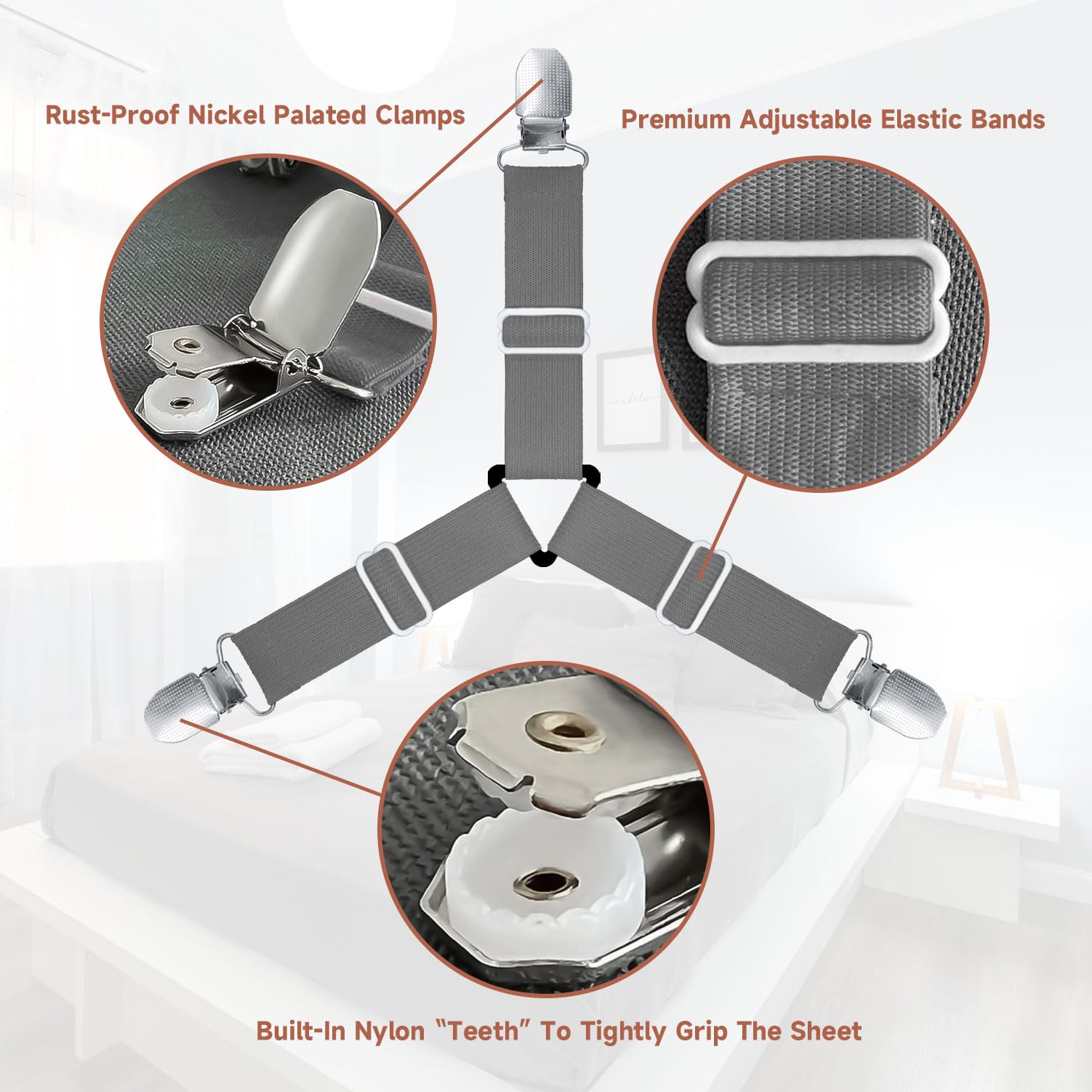 Bozenu Bed Sheet Straps, Upgrade Fitted Bed Sheet Holders For Corners, Non Slip Sheet Clips Grey 8Pcs