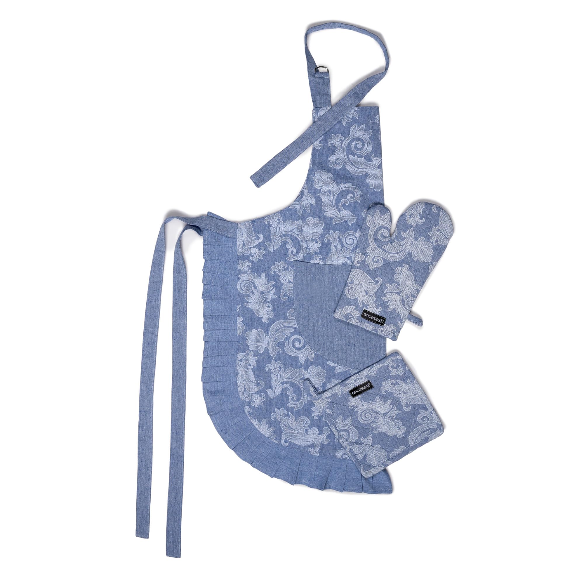 Encasa Xo Kitchen Apron With Oven Gloves & Potholder  Combo Set 100% Cotton  Heat Resistant | Floral Blue (3 Pcs Set)