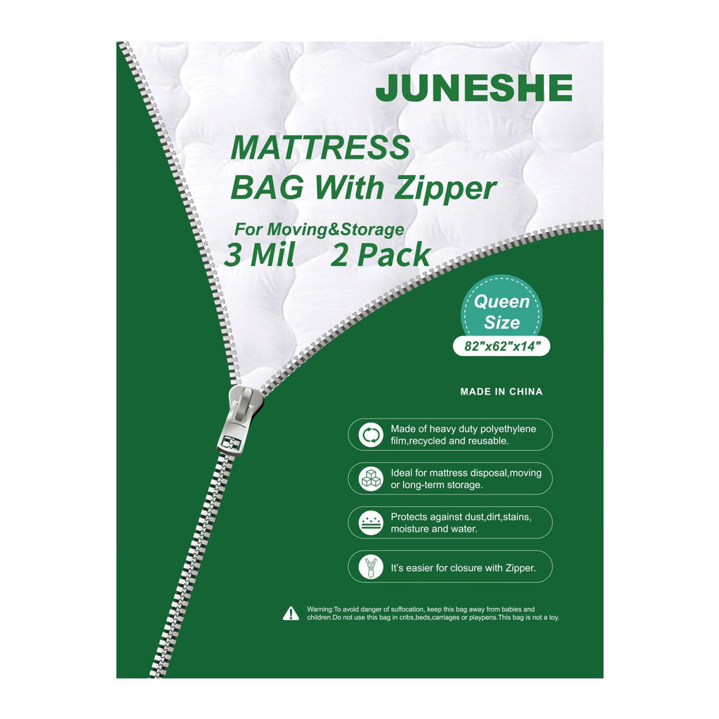 JUNESHE 2 Pack Queen Mattress Bags for Moving and Storage-3 Mil Zipper Plastic Waterproof Mattress Storage Bags