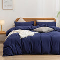 Bestouch Duvet Cover Set 100% Washed Cotton Linen Feel Super Soft Comfortable Chic Lightweight 3 Pcs Home Bedding Set Solid Navy