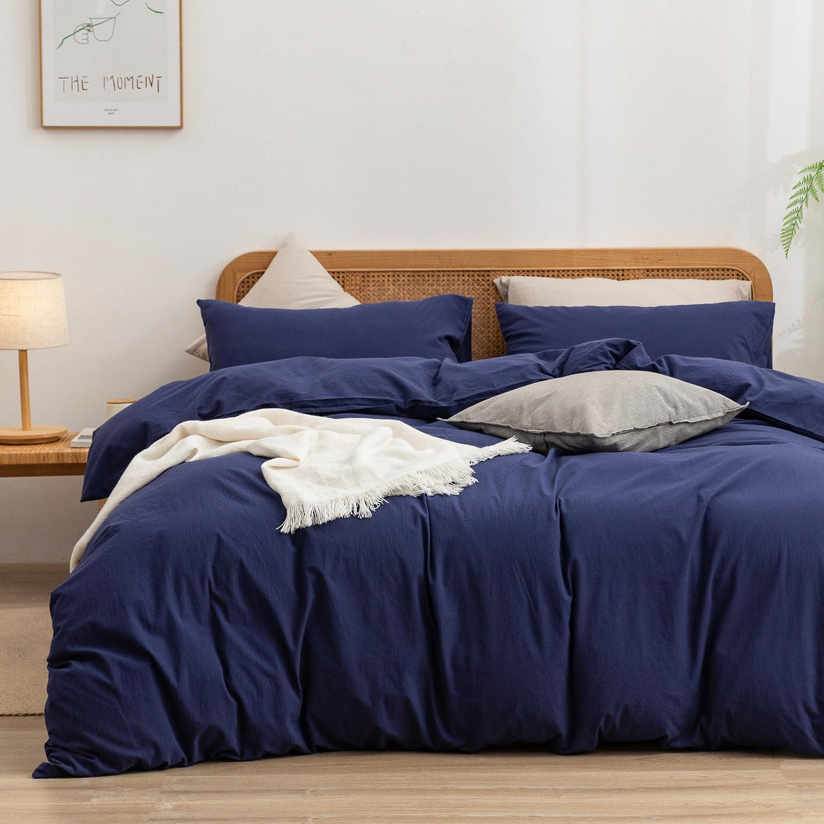 Bestouch Duvet Cover Set 100% Washed Cotton Linen Feel Super Soft Comfortable Chic Lightweight 3 Pcs Home Bedding Set Solid Navy