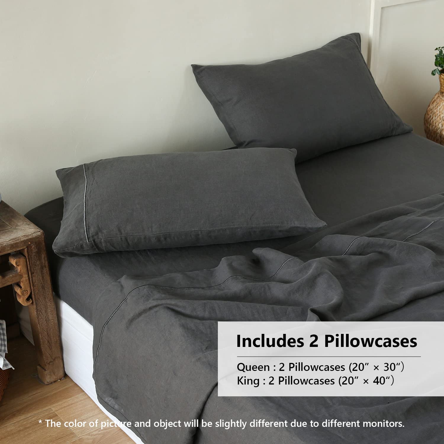 Simple&Opulence 100% Belgian Linen Pillowcase Embroidered-Set Of 2 Queen Size Stone Washed Solid Color-Soft And Durable (Dark Grey, 20''X30'')