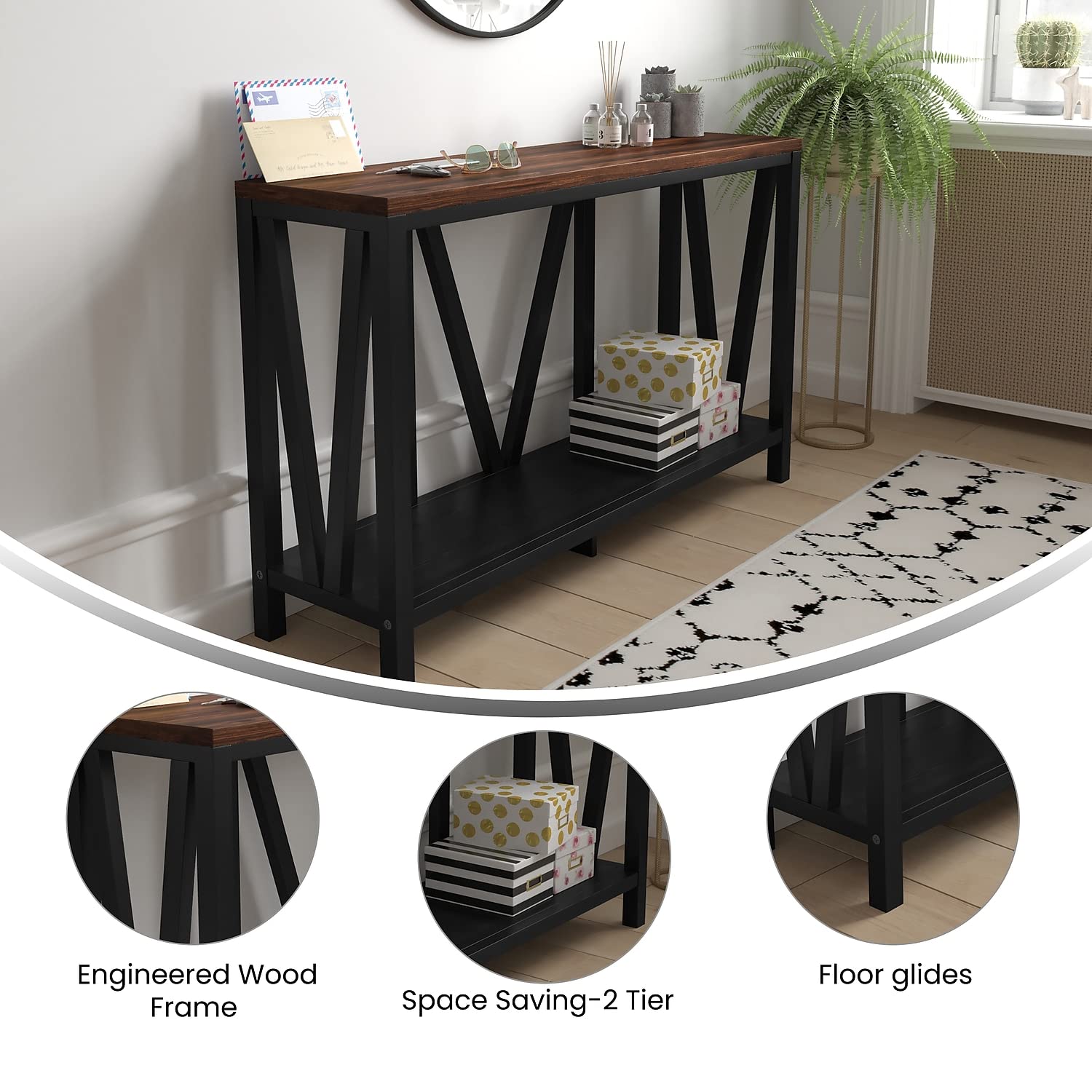 Flash Furniture Charlotte Farmhouse 2-Tier Console Table - Black Finish Engineered Wood Frame - Walnut Finish Tabletop - For Entryway Or Living Room