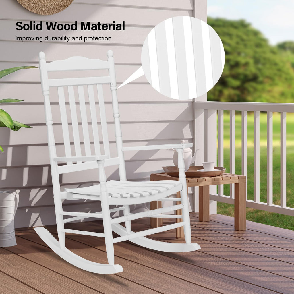 Vingli Wood Rocking Chair Outdoor With 450 Lbs Support Relaxing Rocker Solid Wood High Back Seat Reclining Seat For Deck, Garden, Backyard, Porch, Indoor Or Outdoor Use, White