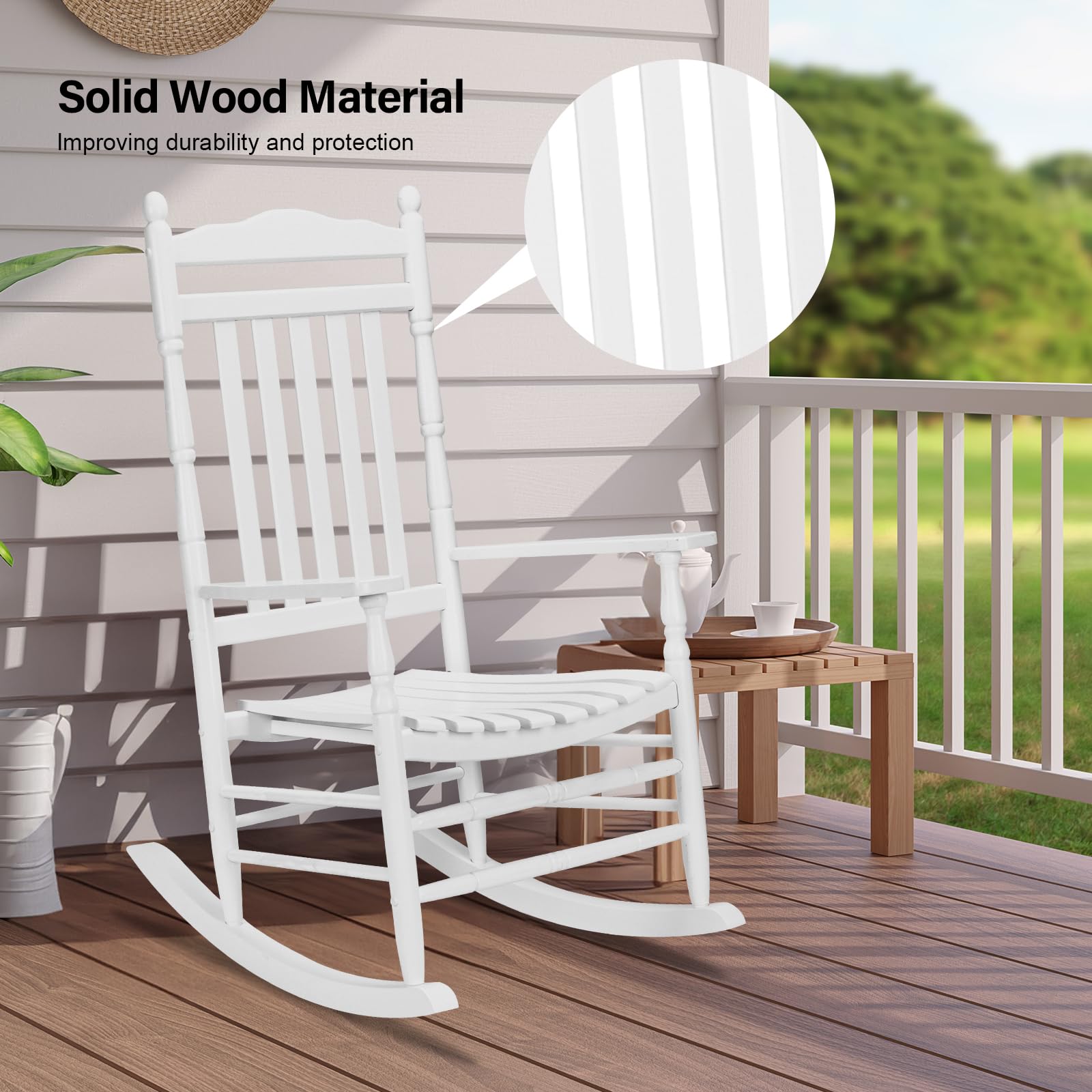 Vingli Wood Rocking Chair Outdoor With 450 Lbs Support Relaxing Rocker Solid Wood High Back Seat Reclining Seat For Deck, Garden, Backyard, Porch, Indoor Or Outdoor Use, White