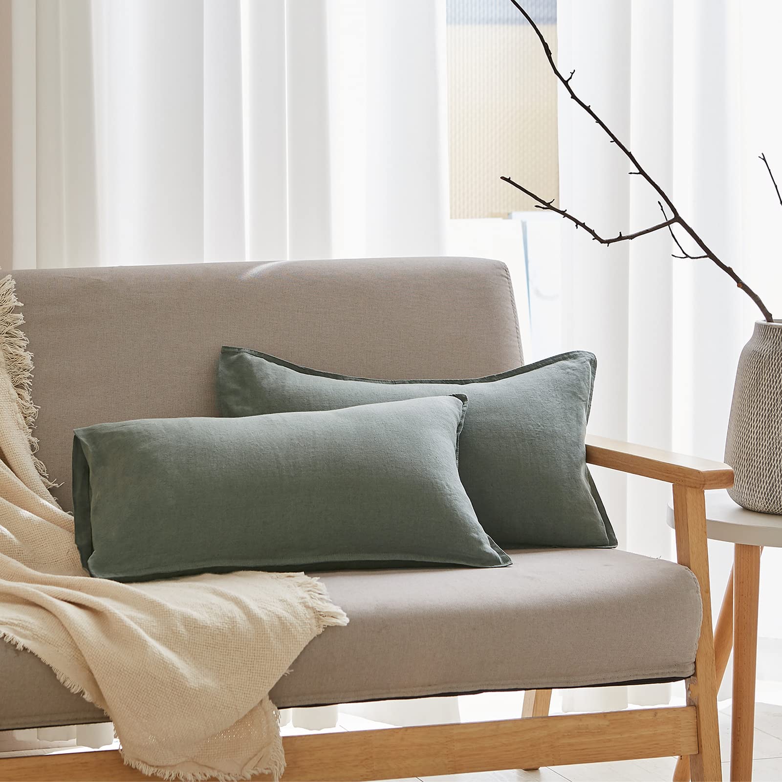 Simple&Opulence 100% Linen Lumbar Pillow Cover 12 X 20 Inches Set Of 2 Rectangular Decorative Throw Cushion Cover For Couch Sofa Bed Living Room Office Soft Breathable Farmhouse - Cushing Green