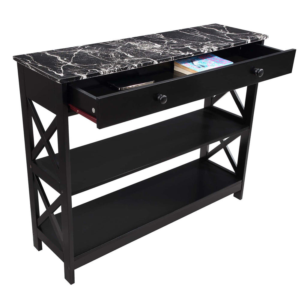 Convenience Concepts Oxford 1 Drawer Console Table With Shelves, Black Faux Marble/Black