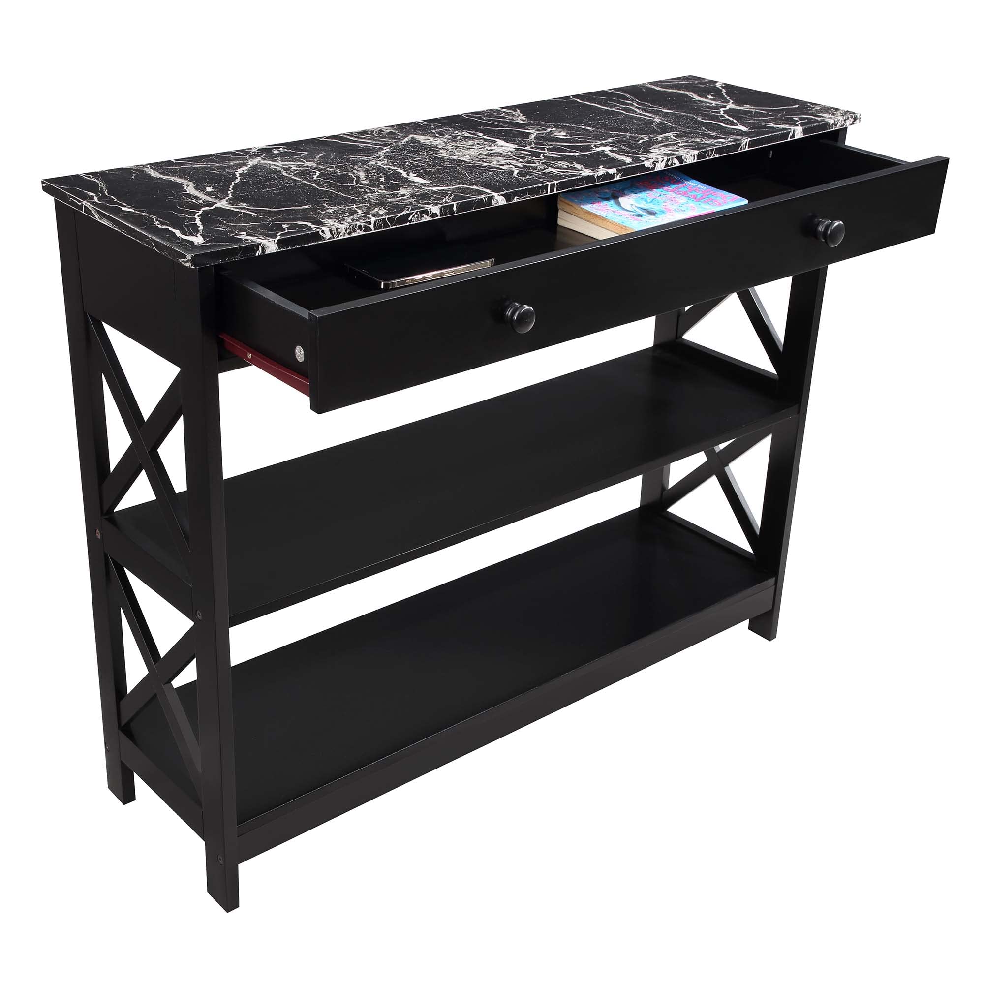 Convenience Concepts Oxford 1 Drawer Console Table With Shelves, Black Faux Marble/Black
