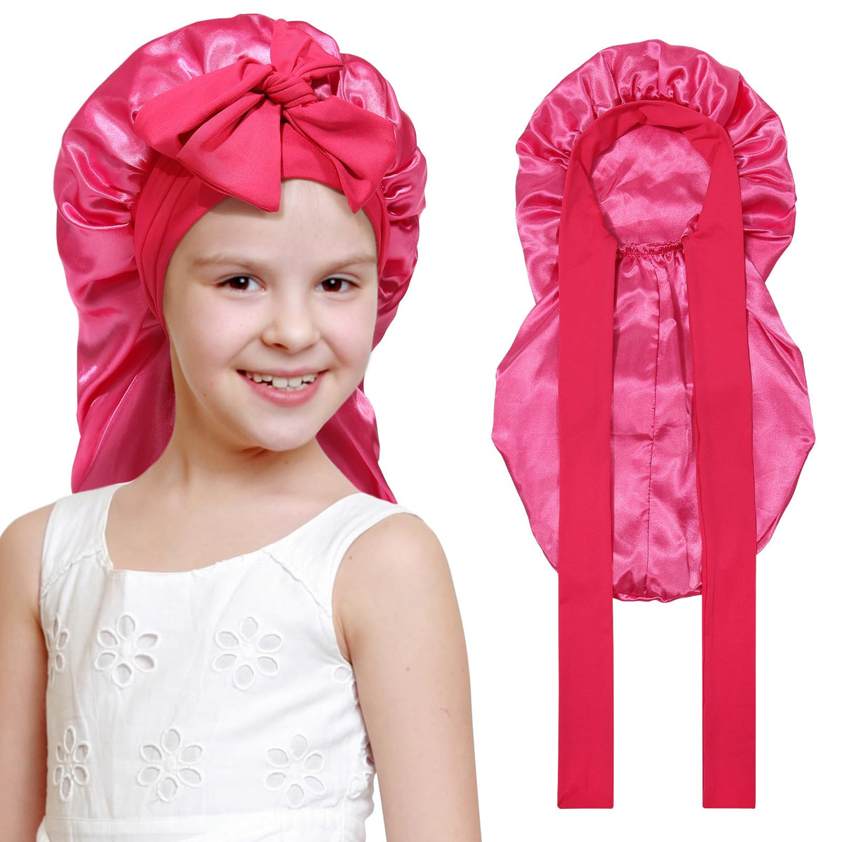 Kids Long Hair Bonnet for Sleeping - Double Layer Girls Elastic Satin Bonnet with Tie Band for Braid Curly Hair (Hot pink)